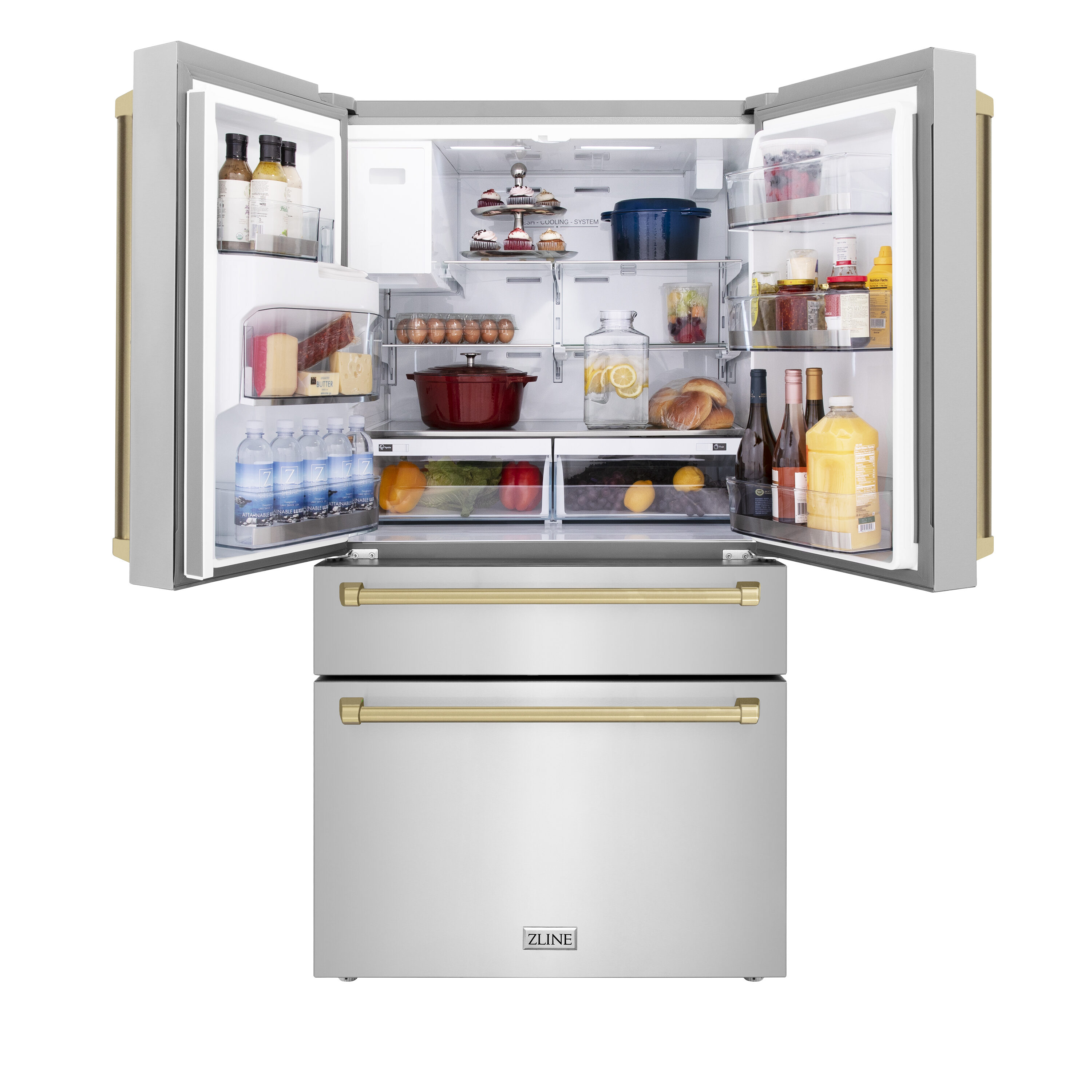 Refrigerador de Puerta Francesa de 4 Puertas ZLINE KITCHEN & BATH Counter-Depth Autograph Edition 21.6 pies cúbicos con Fabricador de Hielo y Dispensador de Agua ( Acabado en Acero Inoxidable Resistente a Huellas con Detalles en Bronce Champagne ) Certificado ENERGY STAR RFMZ-W-36-CB