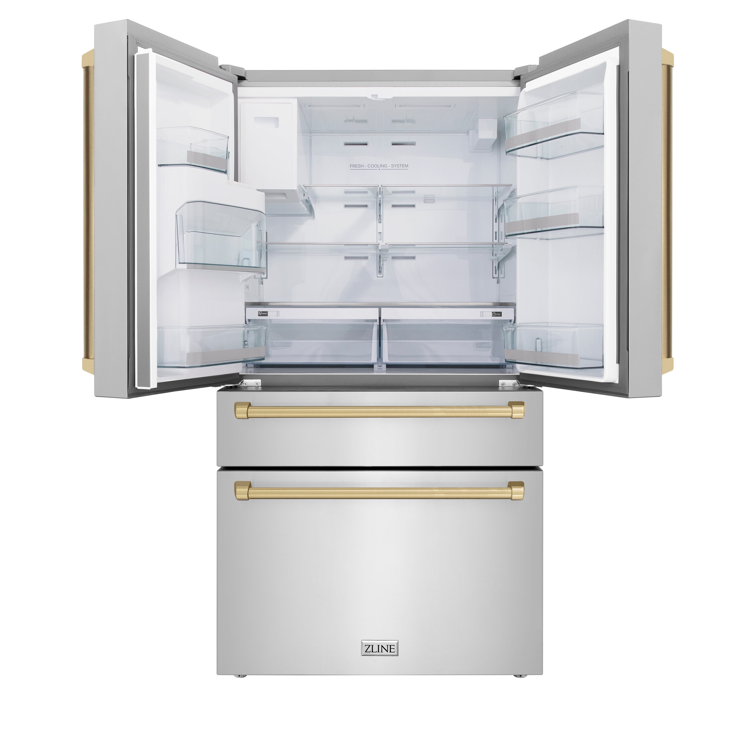 Refrigerador de Puerta Francesa de 4 Puertas ZLINE KITCHEN & BATH Counter-Depth Autograph Edition 21.6 pies cúbicos con Fabricador de Hielo y Dispensador de Agua ( Acabado en Acero Inoxidable Resistente a Huellas con Detalles en Bronce Champagne ) Certificado ENERGY STAR RFMZ-W-36-CB