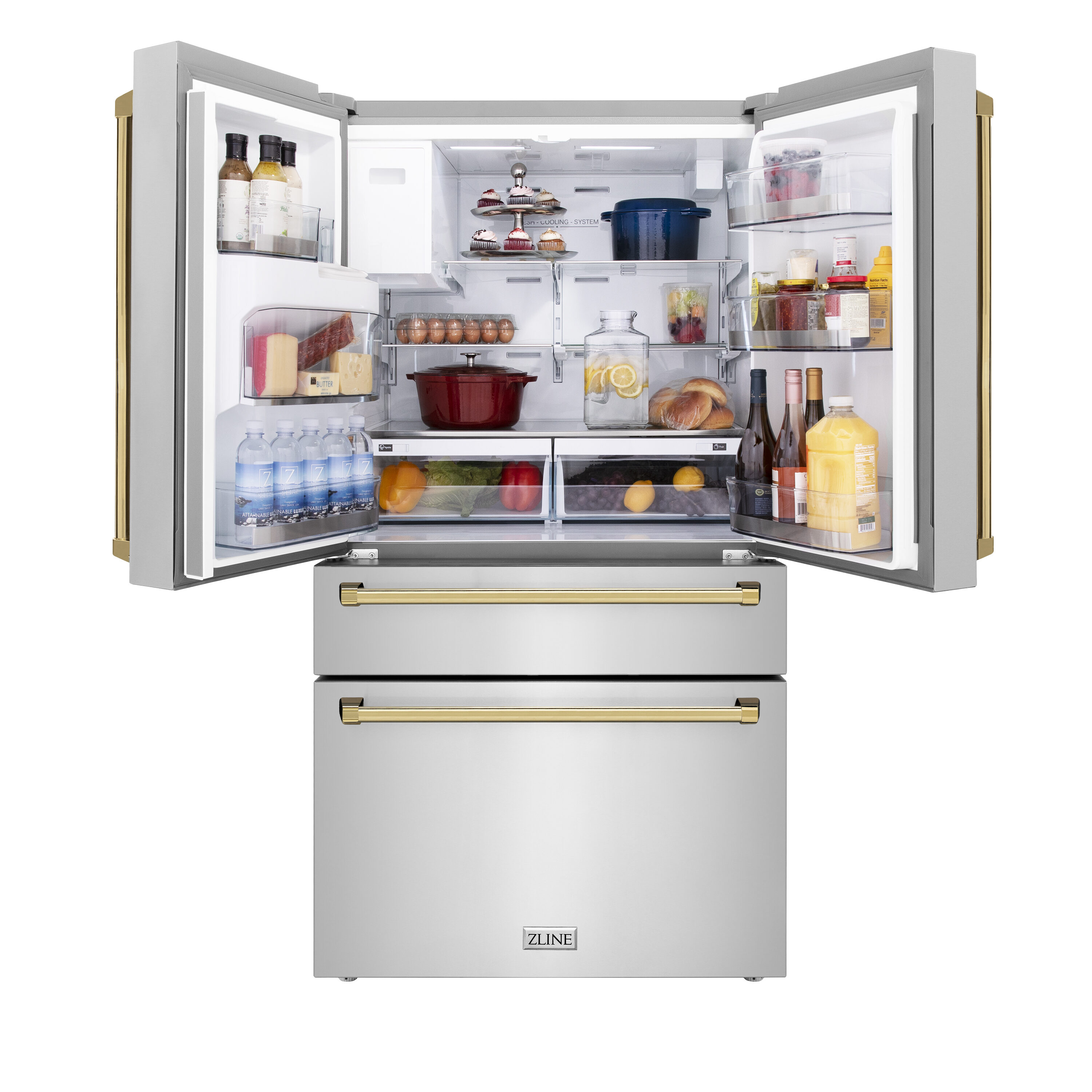 Refrigerador de puertas francesas de 4 puertas ZLINE KITCHEN & BATH de 21.6 pies cúbicos de profundidad de mostrador con fabricador de hielo y dispensador de agua (acero inoxidable resistente a las huellas dactilares con manijas de oro pulido) certificado ENERGY STAR RFMZ-W-36-G