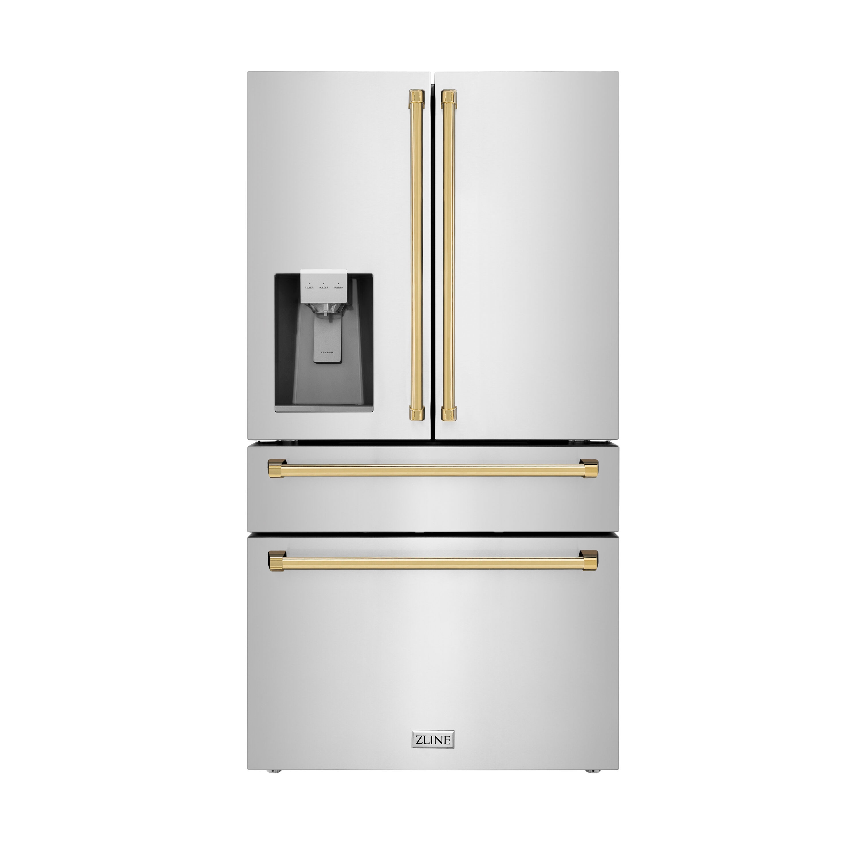 Refrigerador de puertas francesas de 4 puertas ZLINE KITCHEN & BATH de 21.6 pies cúbicos de profundidad de mostrador con fabricador de hielo y dispensador de agua (acero inoxidable resistente a las huellas dactilares con manijas de oro pulido) certificado ENERGY STAR RFMZ-W-36-G