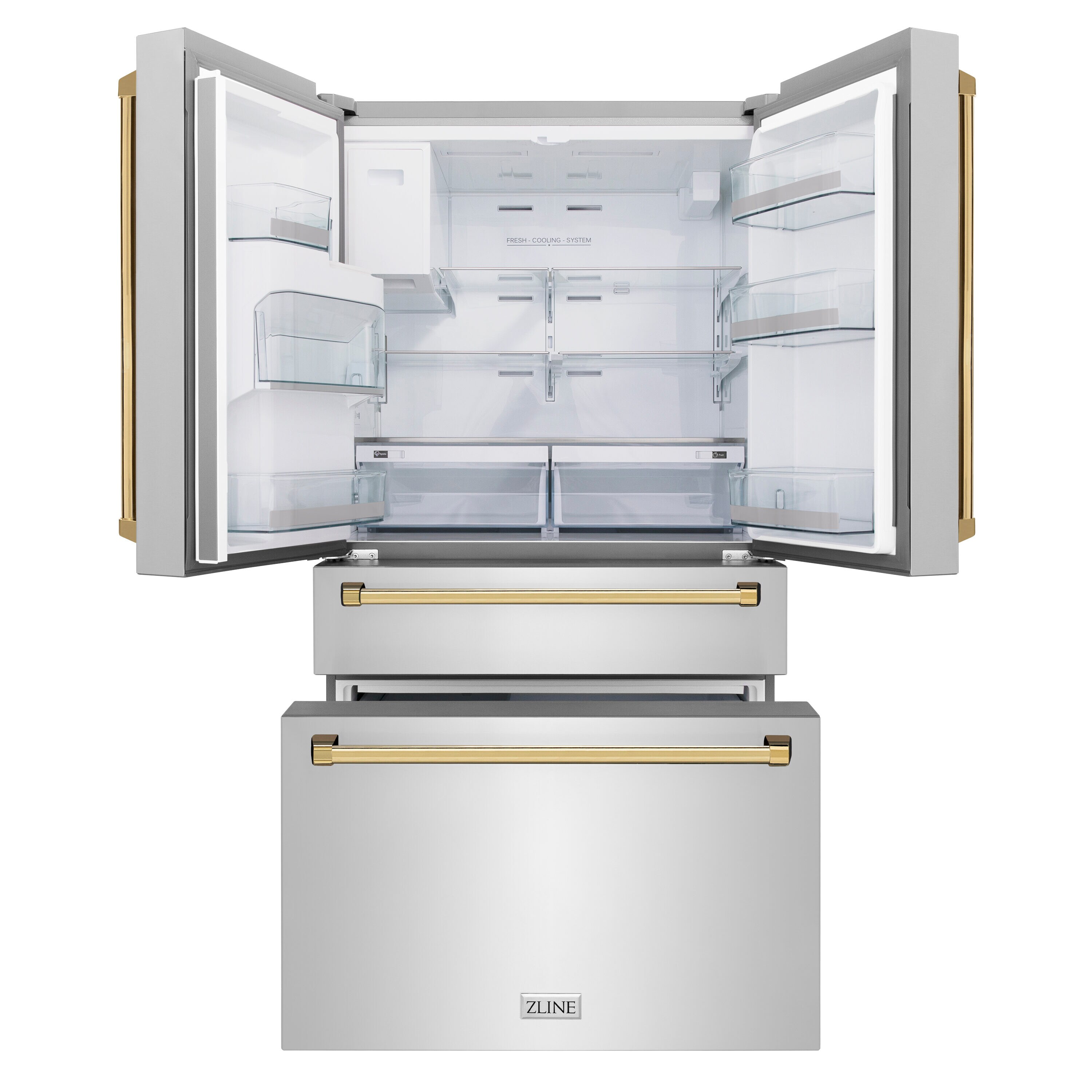 Refrigerador de puertas francesas de 4 puertas ZLINE KITCHEN & BATH de 21.6 pies cúbicos de profundidad de mostrador con fabricador de hielo y dispensador de agua (acero inoxidable resistente a las huellas dactilares con manijas de oro pulido) certificado ENERGY STAR RFMZ-W-36-G