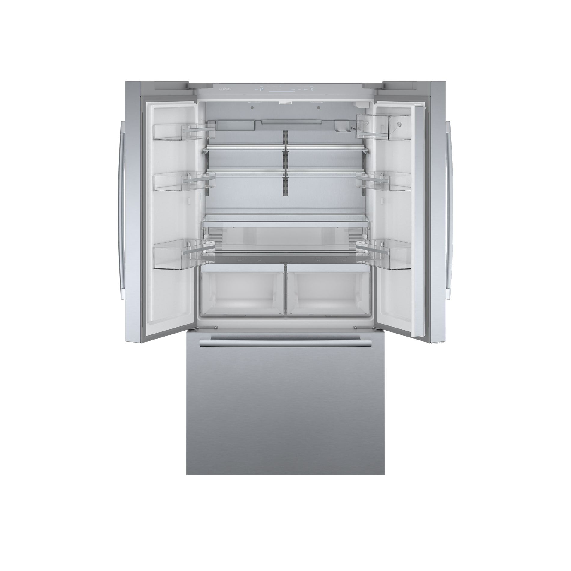 Refrigerador francés de 3 puertas de acero inoxidable con fabricador de hielo y dispensador de agua, serie 800 de Bosch con profundidad de mostrador y certificación ENERGY STAR de 21 pies cúbicos.