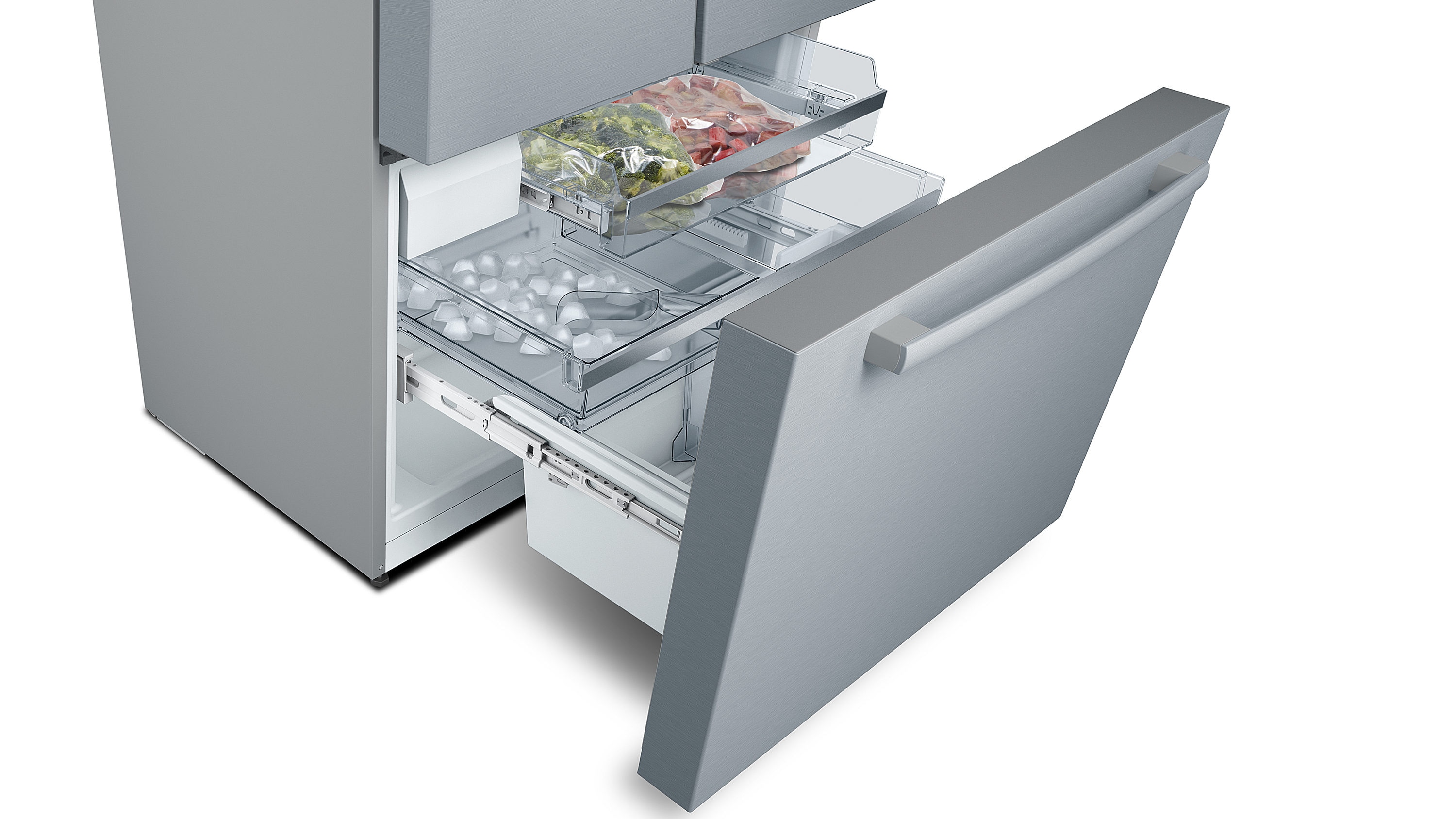 Refrigerador francés de 3 puertas de acero inoxidable con fabricador de hielo y dispensador de agua, serie 800 de Bosch con profundidad de mostrador y certificación ENERGY STAR de 21 pies cúbicos.