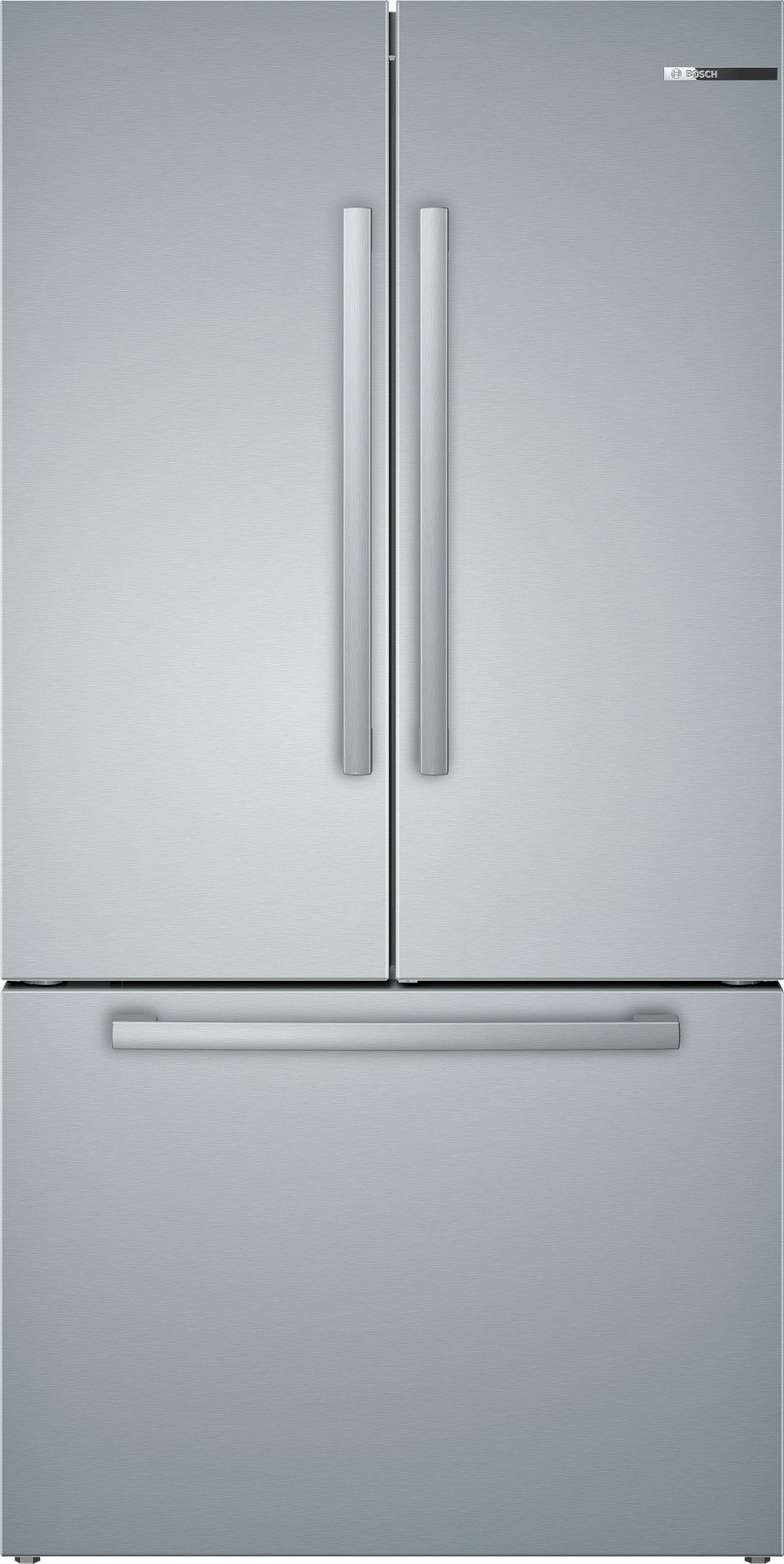 Refrigerador francés de 3 puertas de acero inoxidable con fabricador de hielo y dispensador de agua, serie 800 de Bosch con profundidad de mostrador y certificación ENERGY STAR de 21 pies cúbicos.
