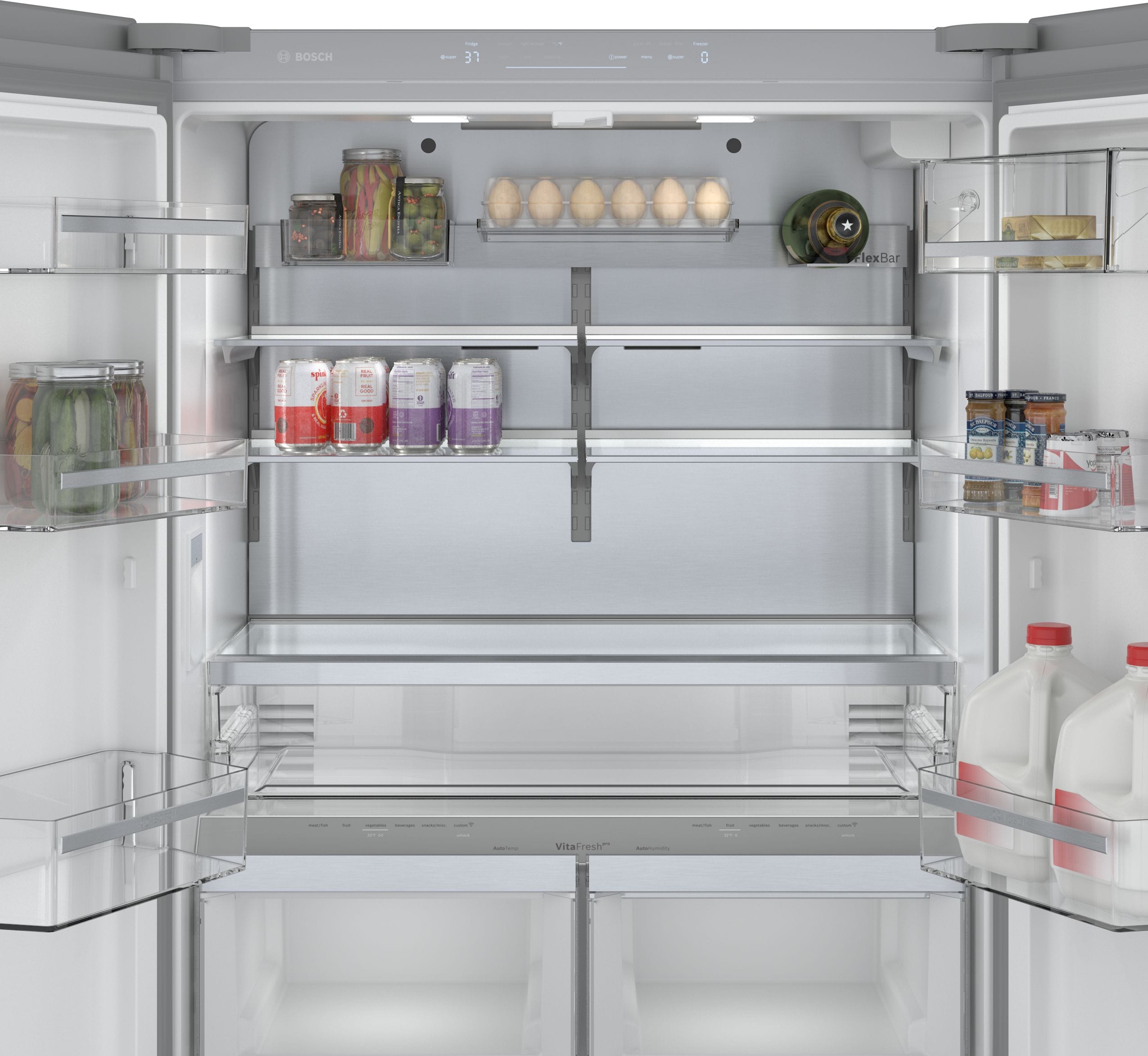 Refrigerador francés de 3 puertas de acero inoxidable con fabricador de hielo y dispensador de agua, serie 800 de Bosch con profundidad de mostrador y certificación ENERGY STAR de 21 pies cúbicos.