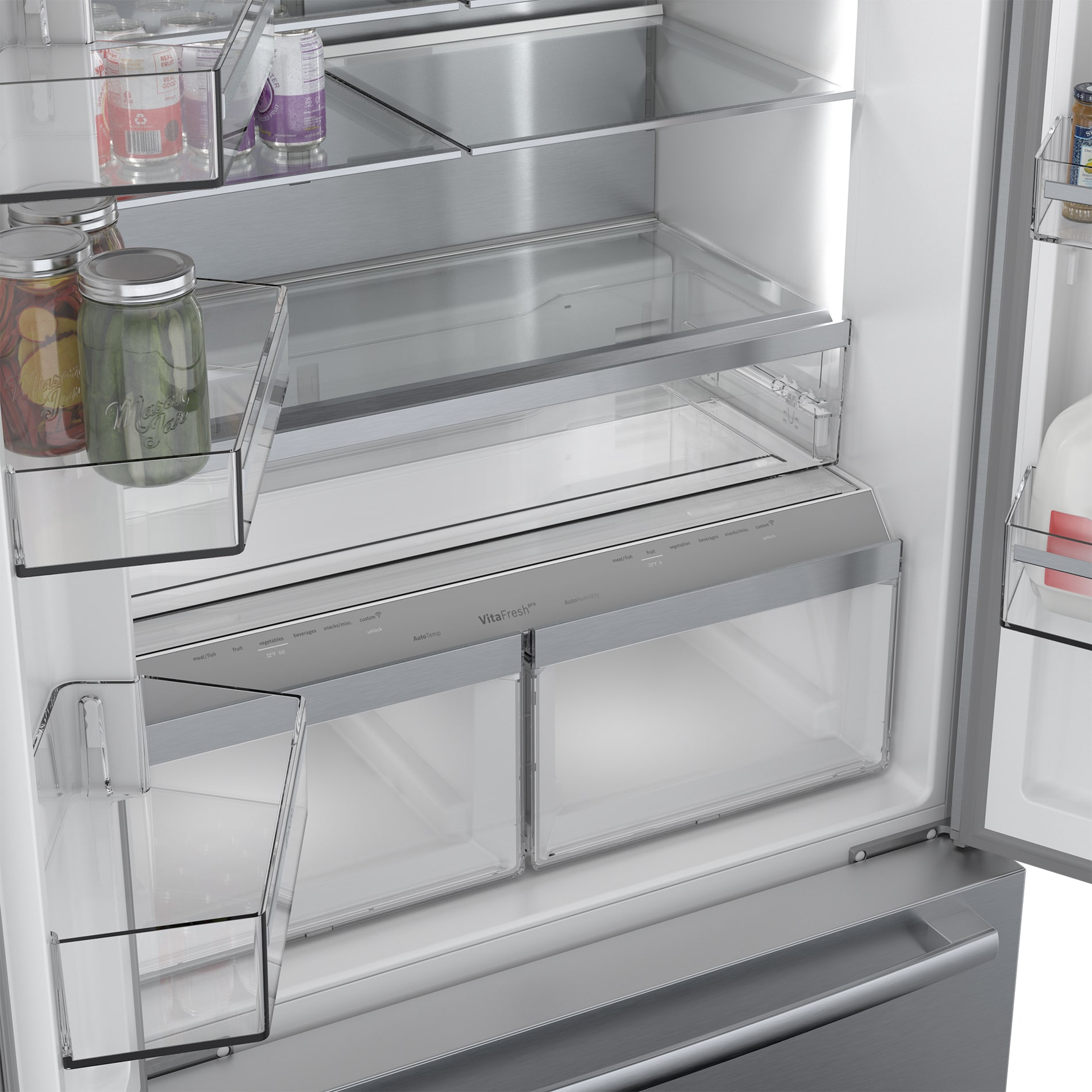 Refrigerador francés de 3 puertas de acero inoxidable con fabricador de hielo y dispensador de agua, serie 800 de Bosch con profundidad de mostrador y certificación ENERGY STAR de 21 pies cúbicos.