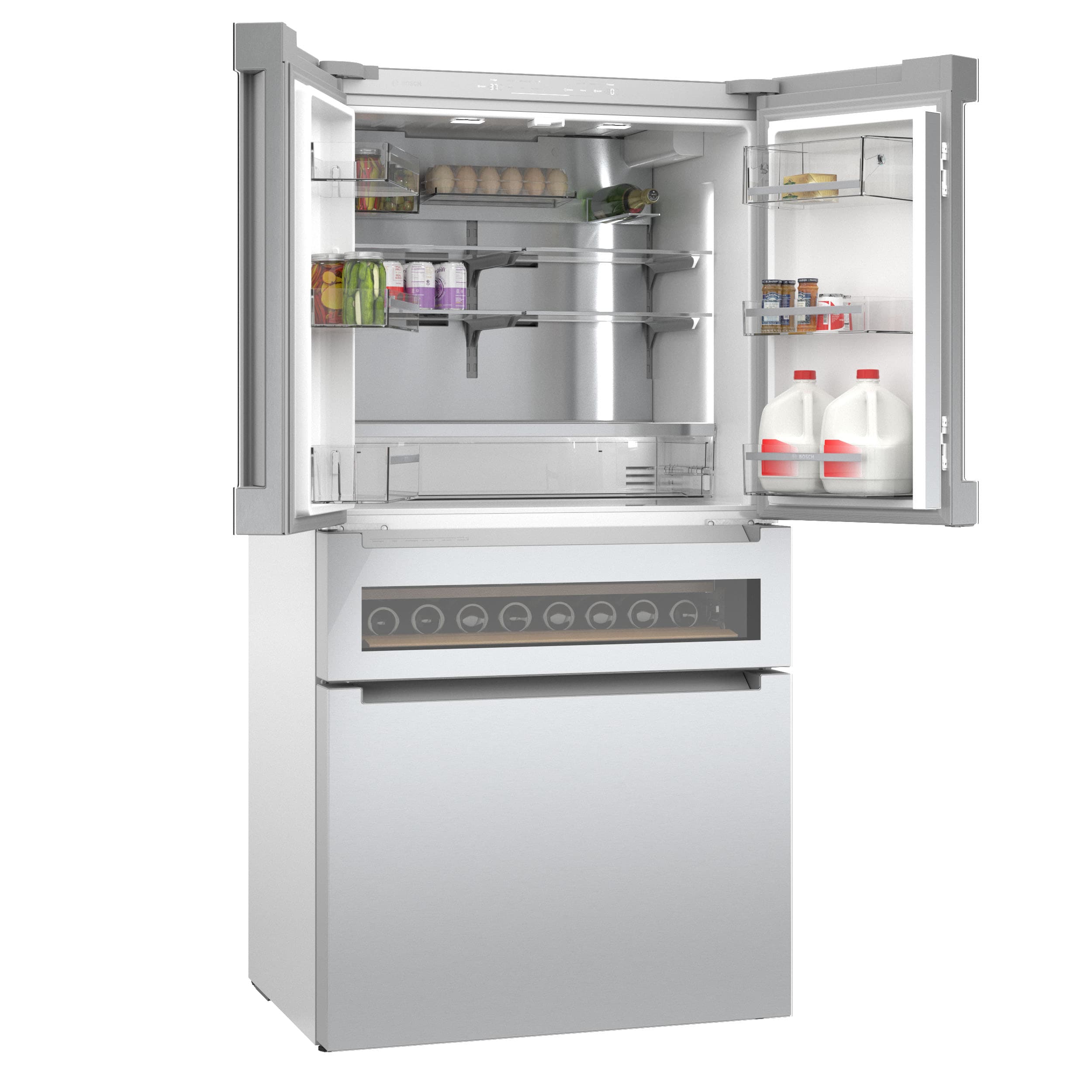 Refrigerador Bosch de Puerta Francesa de 4 Puertas de la Serie 800 de 21 pies cúbicos con Fabricador de Hielo (Acero Inoxidable) Certificado ENERGY STAR B36CL81ENG