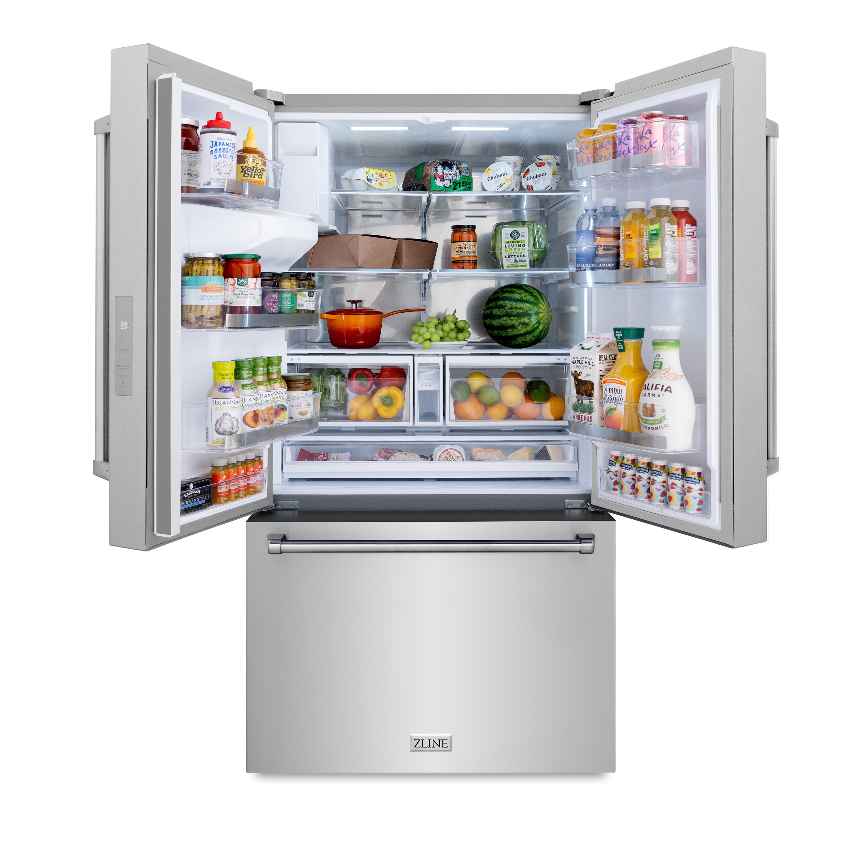Refrigerador de puertas francesas de 3 puertas con doble fabricador de hielo y dispensador de agua y hielo (Acero inoxidable con mango de acero inoxidable) ENERGY STAR Certificado de ZLINE KITCHEN & BATH Profundidad estándar de 28.9 pies cúbicos RSM-W-36