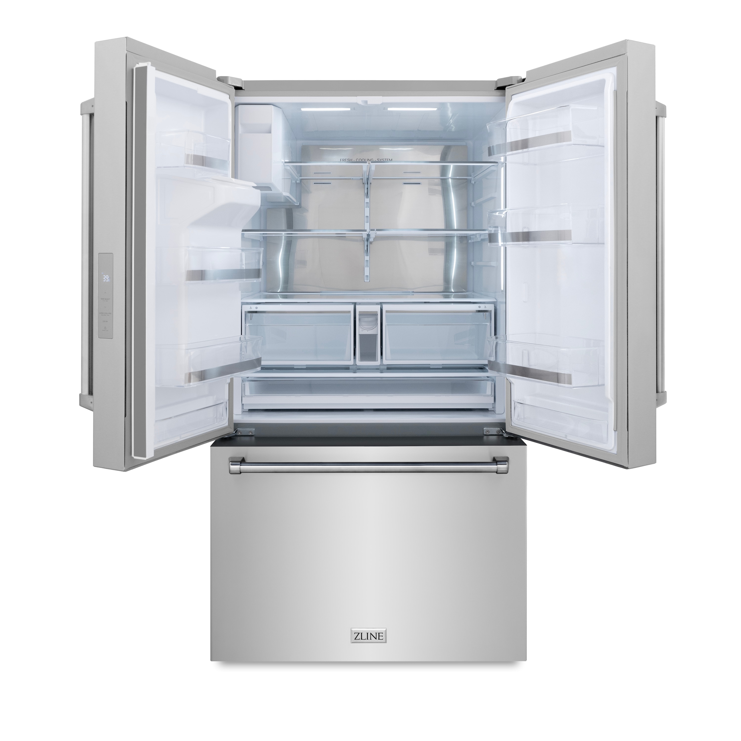 Refrigerador de puertas francesas de 3 puertas con doble fabricador de hielo y dispensador de agua y hielo (Acero inoxidable con mango de acero inoxidable) ENERGY STAR Certificado de ZLINE KITCHEN & BATH Profundidad estándar de 28.9 pies cúbicos RSM-W-36