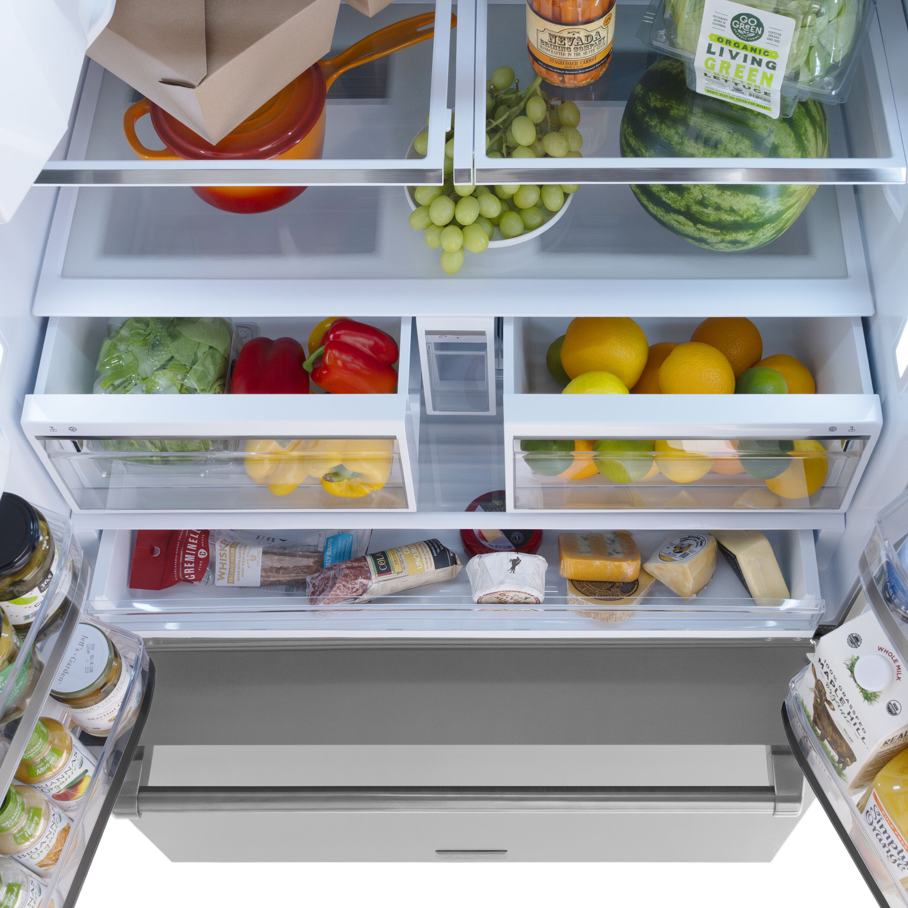 Refrigerador de puertas francesas de 3 puertas con doble fabricador de hielo y dispensador de agua y hielo (Acero inoxidable con mango de acero inoxidable) ENERGY STAR Certificado de ZLINE KITCHEN & BATH Profundidad estándar de 28.9 pies cúbicos RSM-W-36