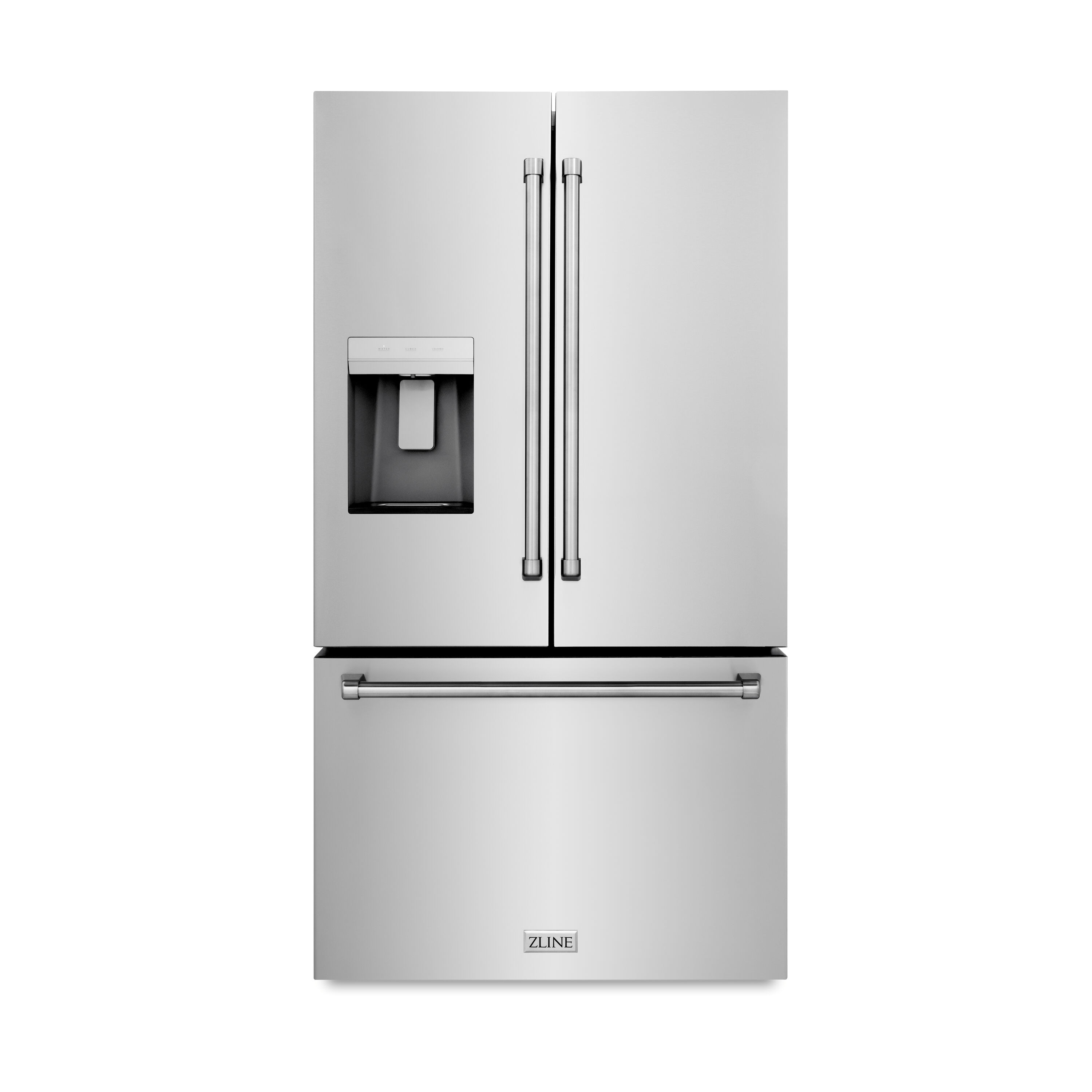 Refrigerador de puertas francesas de 3 puertas con doble fabricador de hielo y dispensador de agua y hielo (Acero inoxidable con mango de acero inoxidable) ENERGY STAR Certificado de ZLINE KITCHEN & BATH Profundidad estándar de 28.9 pies cúbicos RSM-W-36