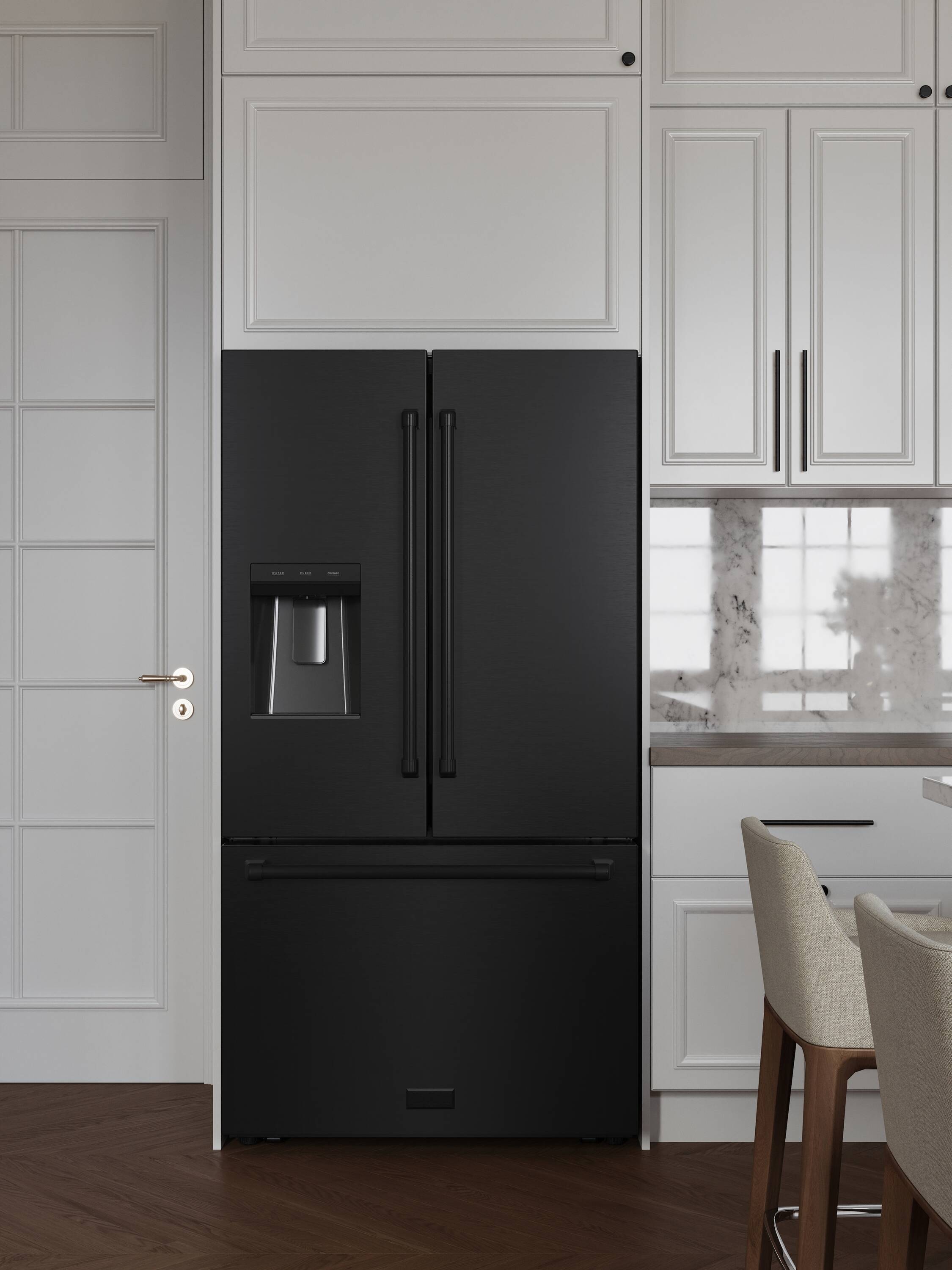 Refrigerador de puertas francesas de 3 puertas con doble fabricador de hielo y dispensador de agua y hielo (Acero inoxidable con mango de acero inoxidable) ENERGY STAR Certificado de ZLINE KITCHEN & BATH Profundidad estándar de 28.9 pies cúbicos RSM-W-36