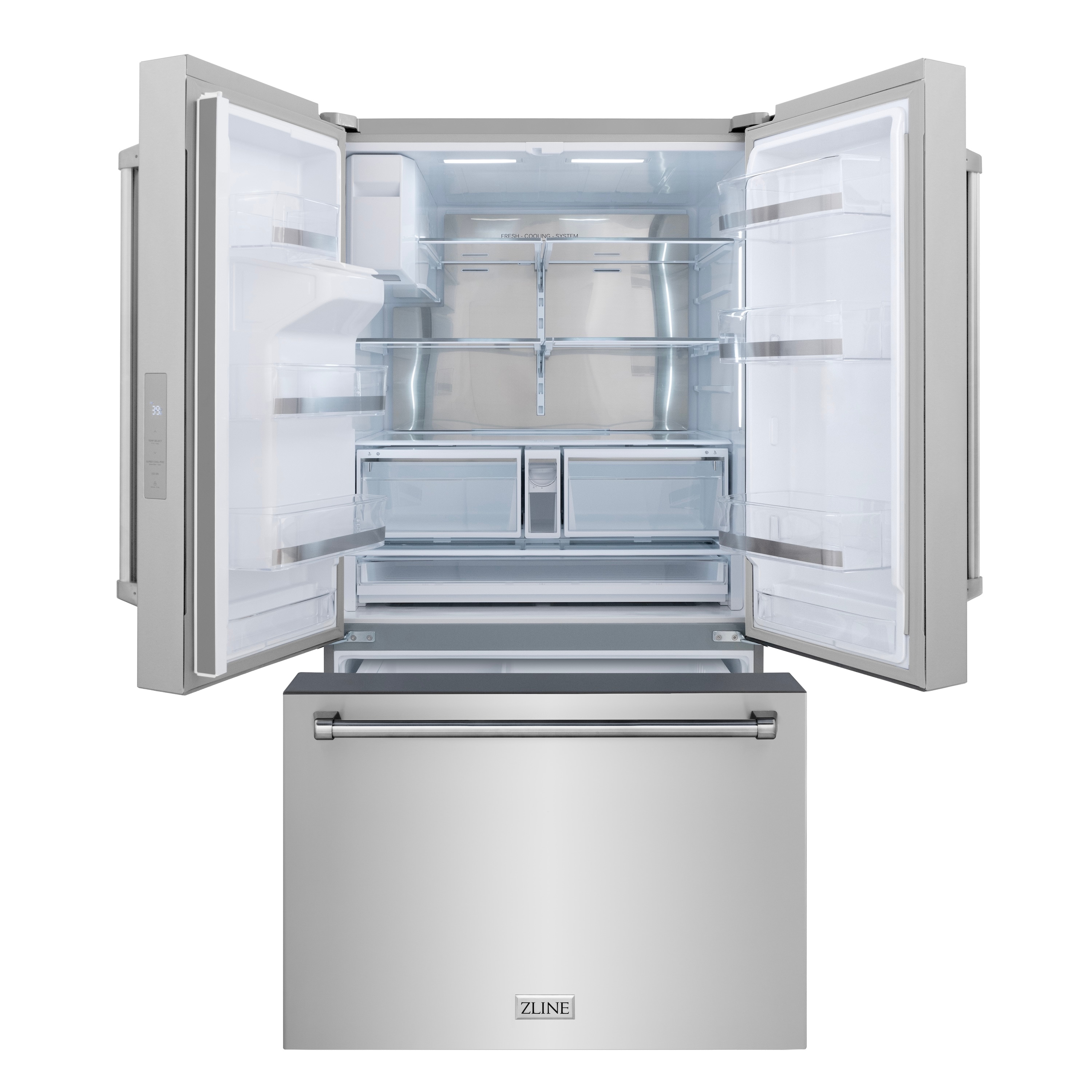 Refrigerador de puertas francesas de 3 puertas con doble fabricador de hielo y dispensador de agua y hielo (Acero inoxidable con mango de acero inoxidable) ENERGY STAR Certificado de ZLINE KITCHEN & BATH Profundidad estándar de 28.9 pies cúbicos RSM-W-36