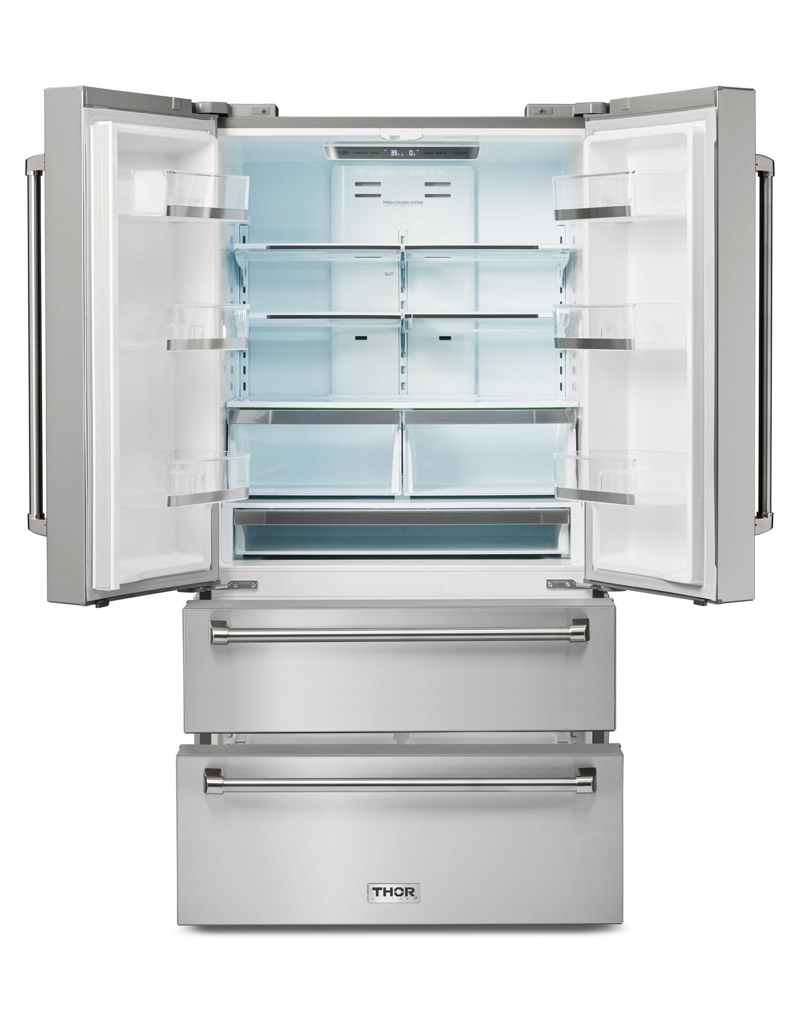 Refrigerador Francés de 4 puertas Thor Kitchen Counter-Depth de 22.5 pies cúbicos con dispensador de hielo (acero inoxidable) Certificado ENERGY STAR TRF3602