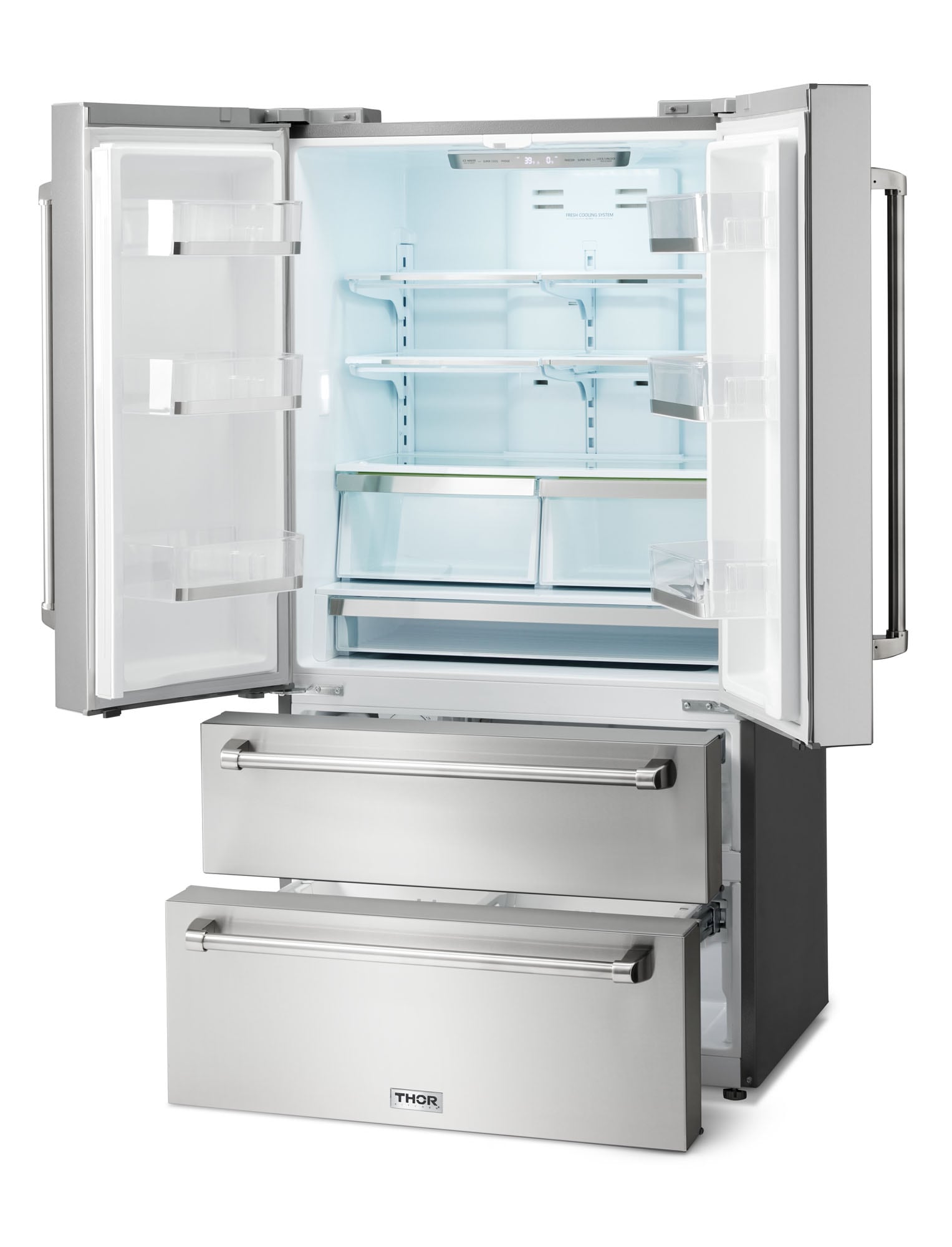Refrigerador Francés de 4 puertas Thor Kitchen Counter-Depth de 22.5 pies cúbicos con dispensador de hielo (acero inoxidable) Certificado ENERGY STAR TRF3602
