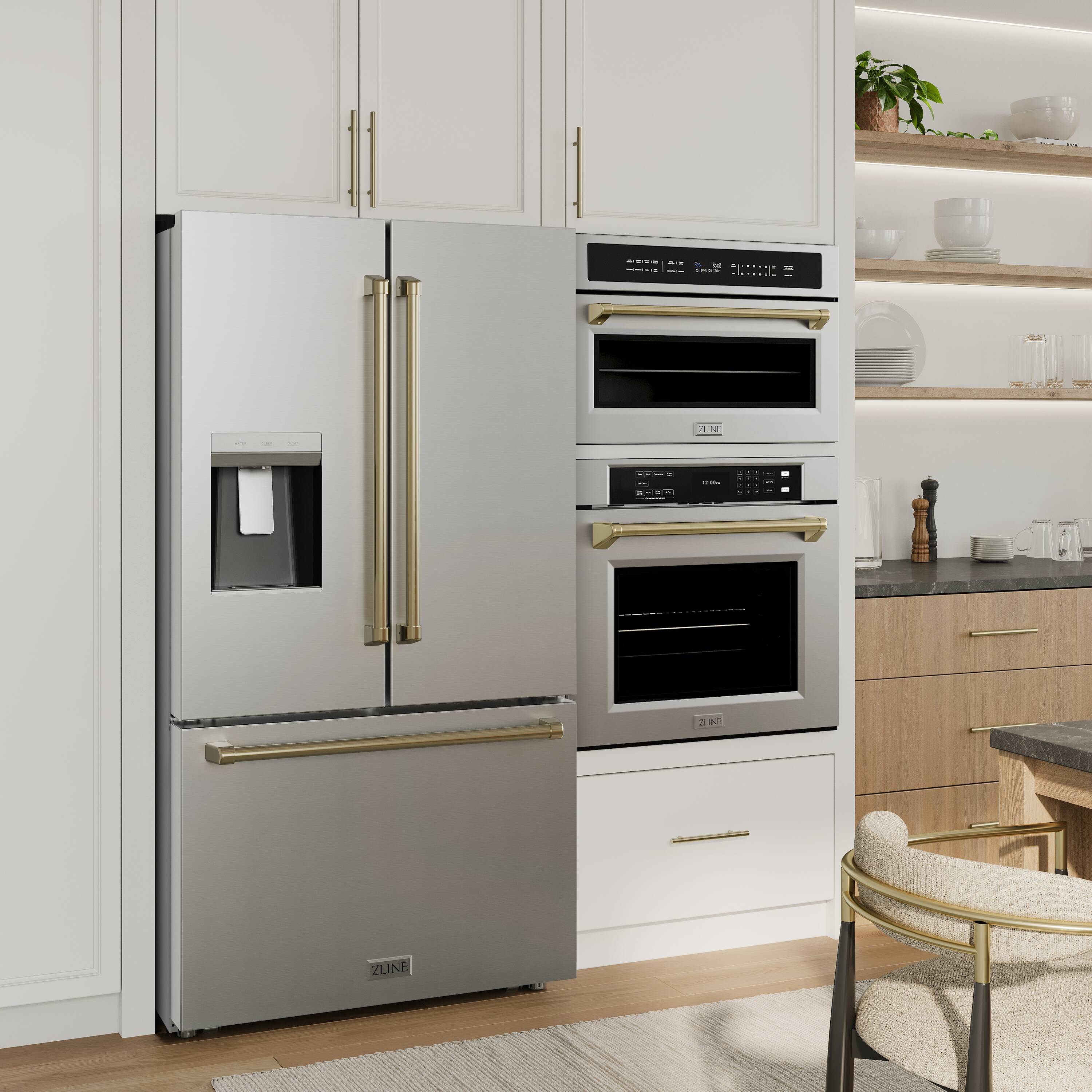 Refrigerador de Puertas Francesas de 3 Puertas con Dispensador de Hielo y Agua (Acero Inoxidable con Mango de Bronce Champán) Certificado ENERGY STAR, Profundidad Estándar de 28.9 pies cúbicos de ZLINE KITCHEN & BATH