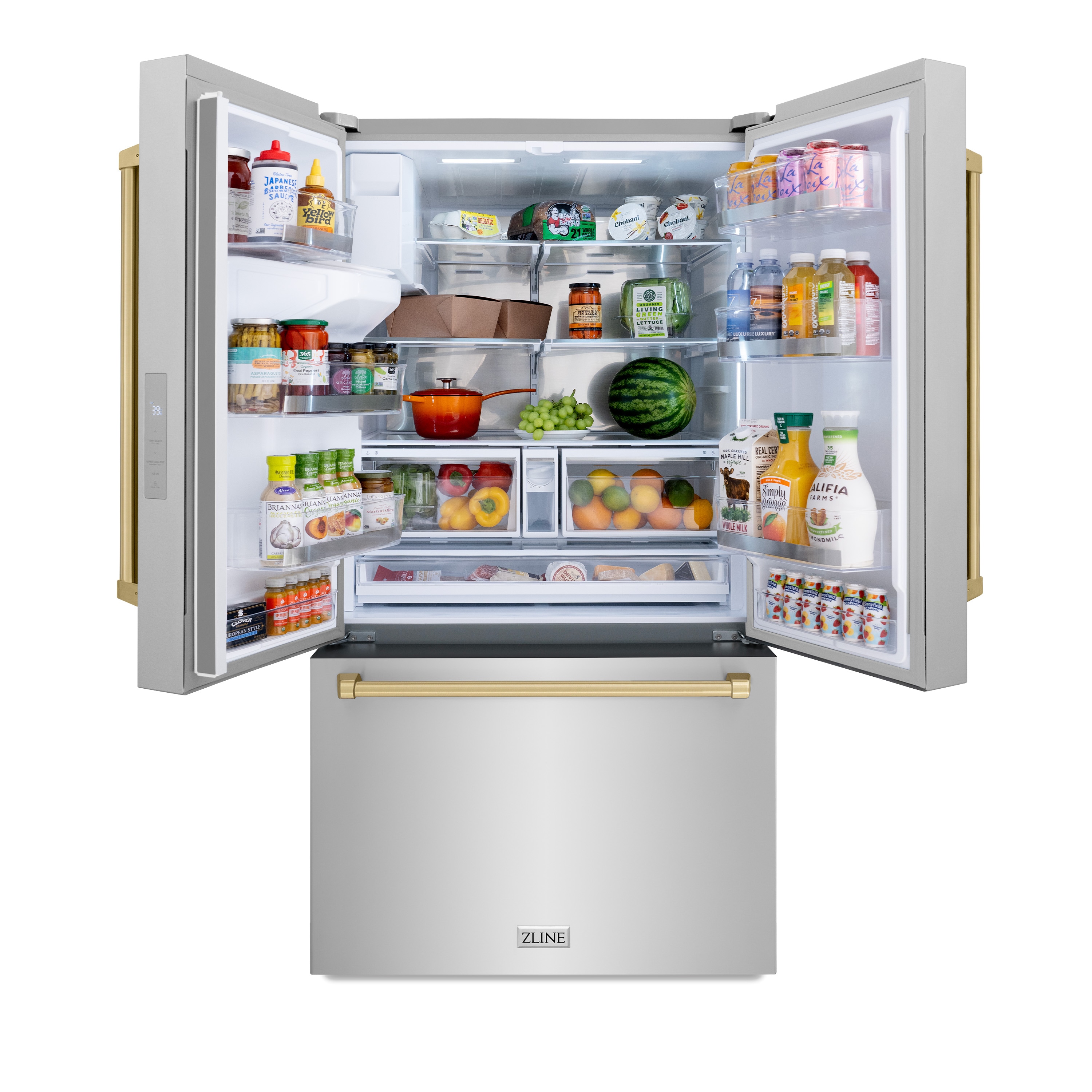 Refrigerador de Puertas Francesas de 3 Puertas con Dispensador de Hielo y Agua (Acero Inoxidable con Mango de Bronce Champán) Certificado ENERGY STAR, Profundidad Estándar de 28.9 pies cúbicos de ZLINE KITCHEN & BATH