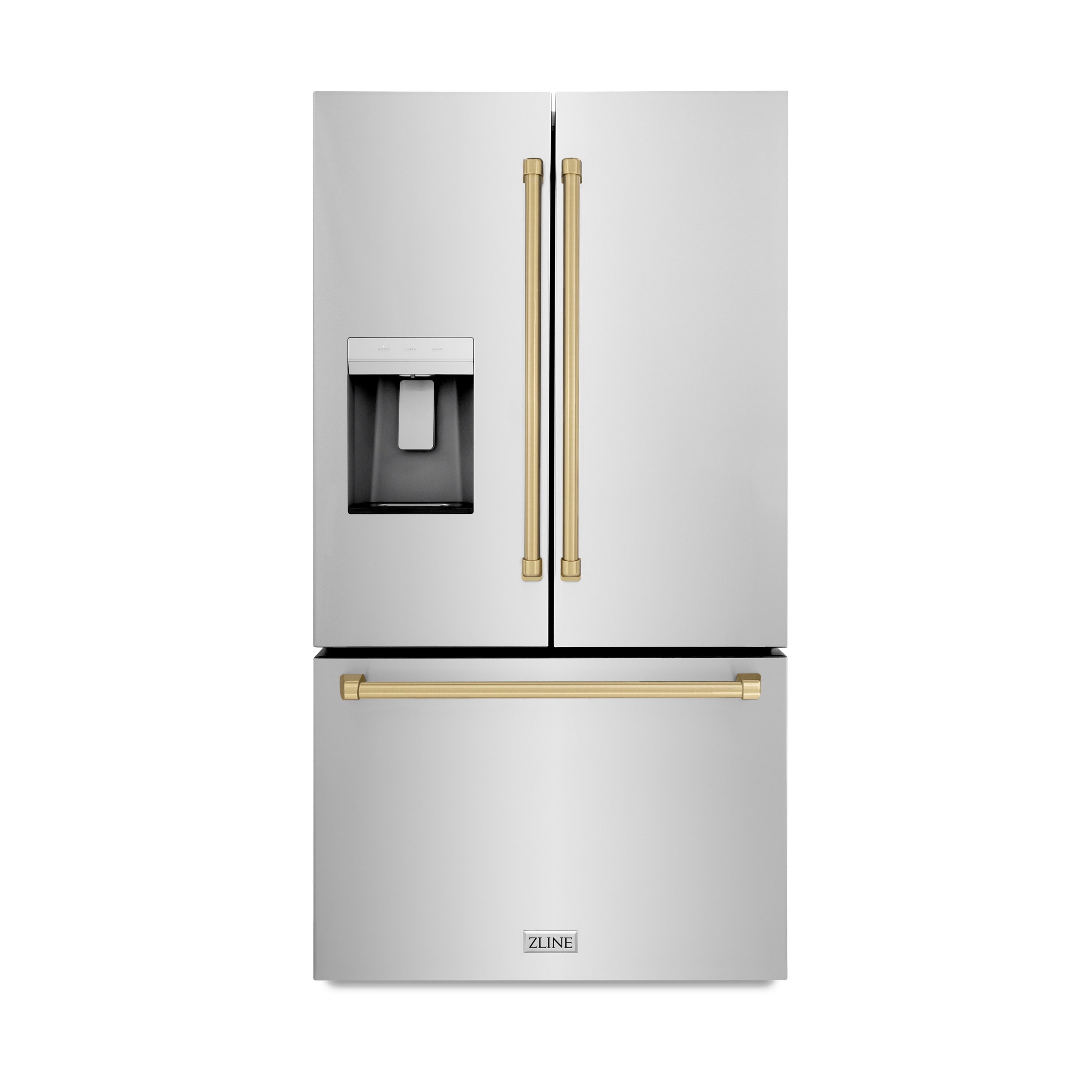 Refrigerador de Puertas Francesas de 3 Puertas con Dispensador de Hielo y Agua (Acero Inoxidable con Mango de Bronce Champán) Certificado ENERGY STAR, Profundidad Estándar de 28.9 pies cúbicos de ZLINE KITCHEN & BATH
