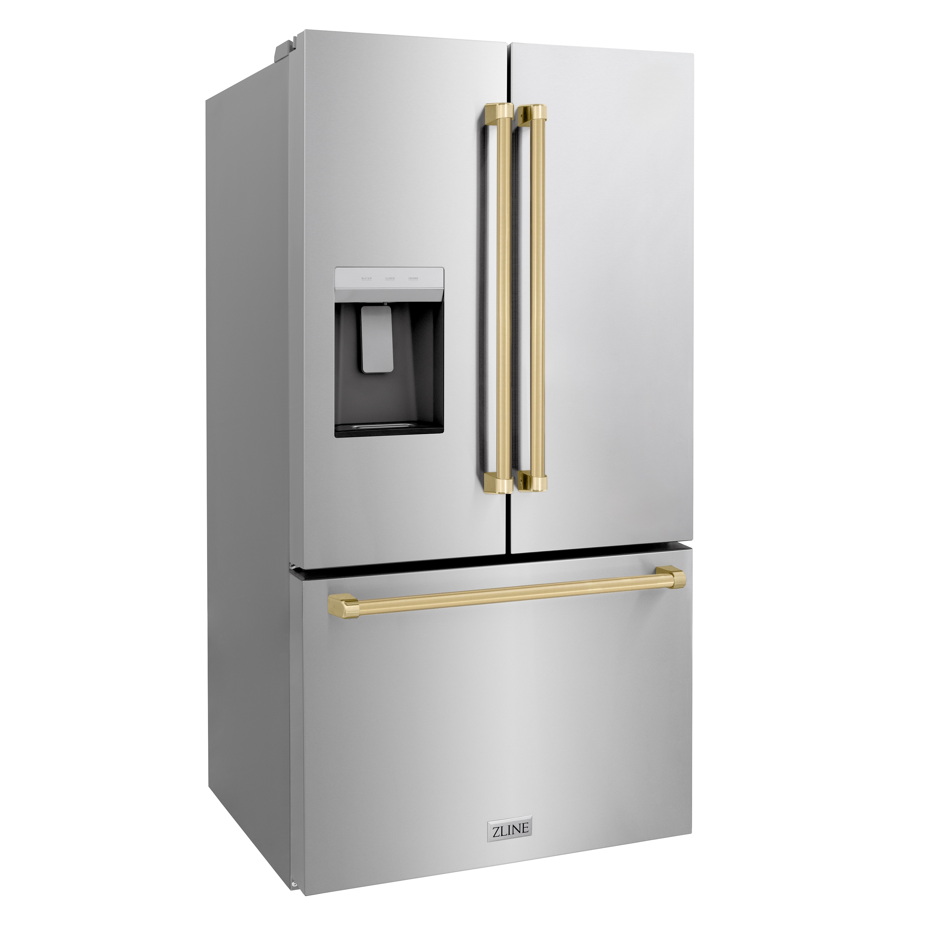 Refrigerador de Puertas Francesas de 3 Puertas con Dispensador de Hielo y Agua (Acero Inoxidable con Mango de Bronce Champán) Certificado ENERGY STAR, Profundidad Estándar de 28.9 pies cúbicos de ZLINE KITCHEN & BATH