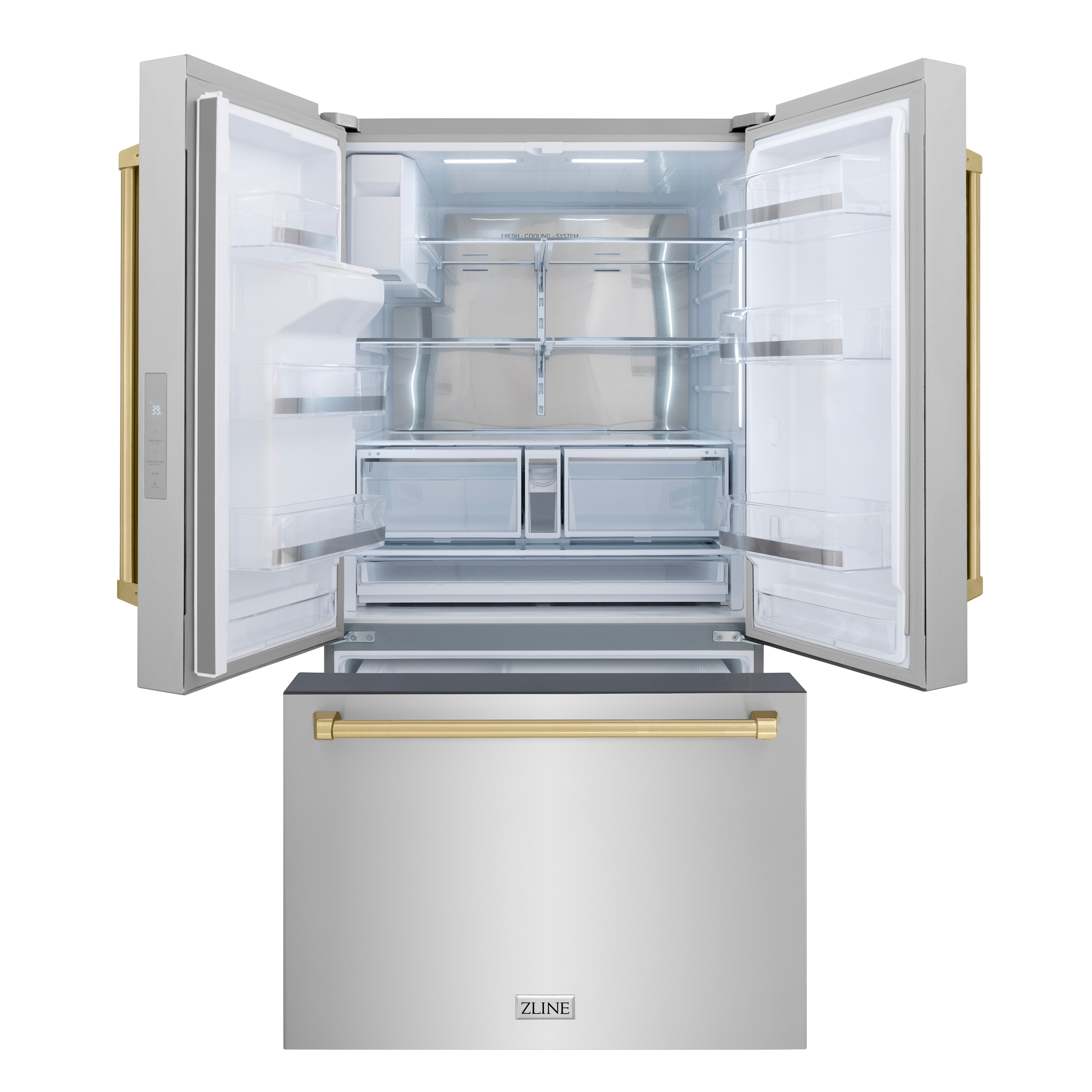 Refrigerador de Puertas Francesas de 3 Puertas con Dispensador de Hielo y Agua (Acero Inoxidable con Mango de Bronce Champán) Certificado ENERGY STAR, Profundidad Estándar de 28.9 pies cúbicos de ZLINE KITCHEN & BATH