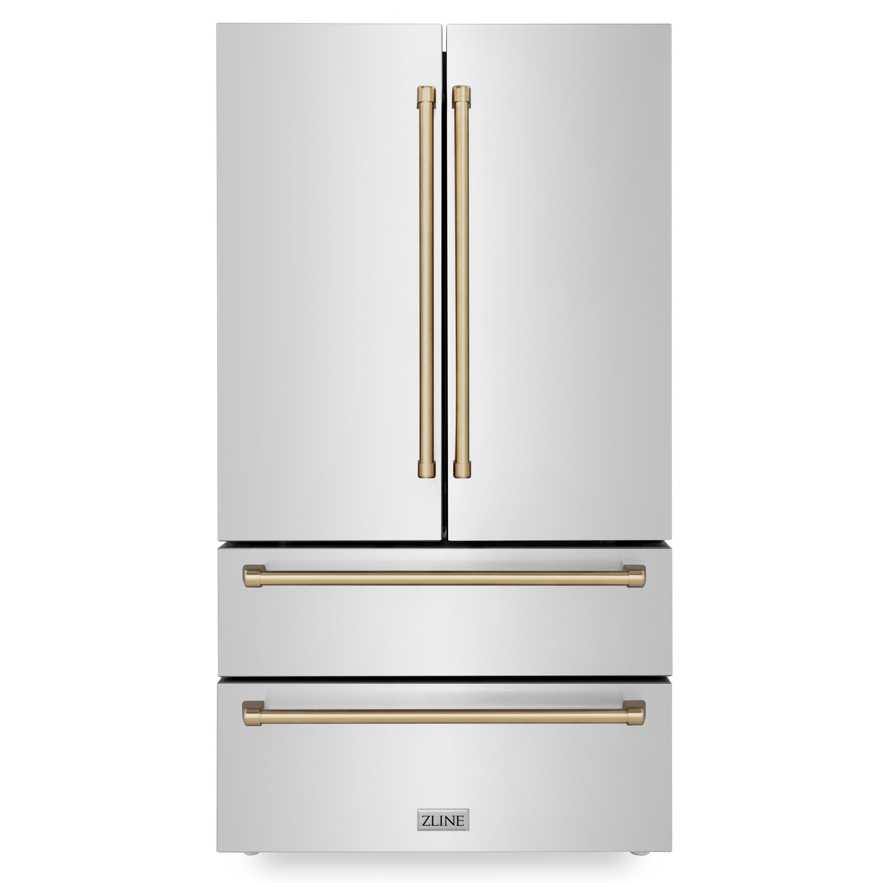 Refrigerador de Puerta Francesa de 4 Puertas ZLINE KITCHEN & BATH Edición Autógrafo de Profundidad de Mostrador de 22.5 pies cúbicos con Fabricador de Hielo (Acero Inoxidable Resistente a las Huellas Dactilares con Detalles en Bronce Champagne) Certificado ENERGY STAR RFMZ-36-CB