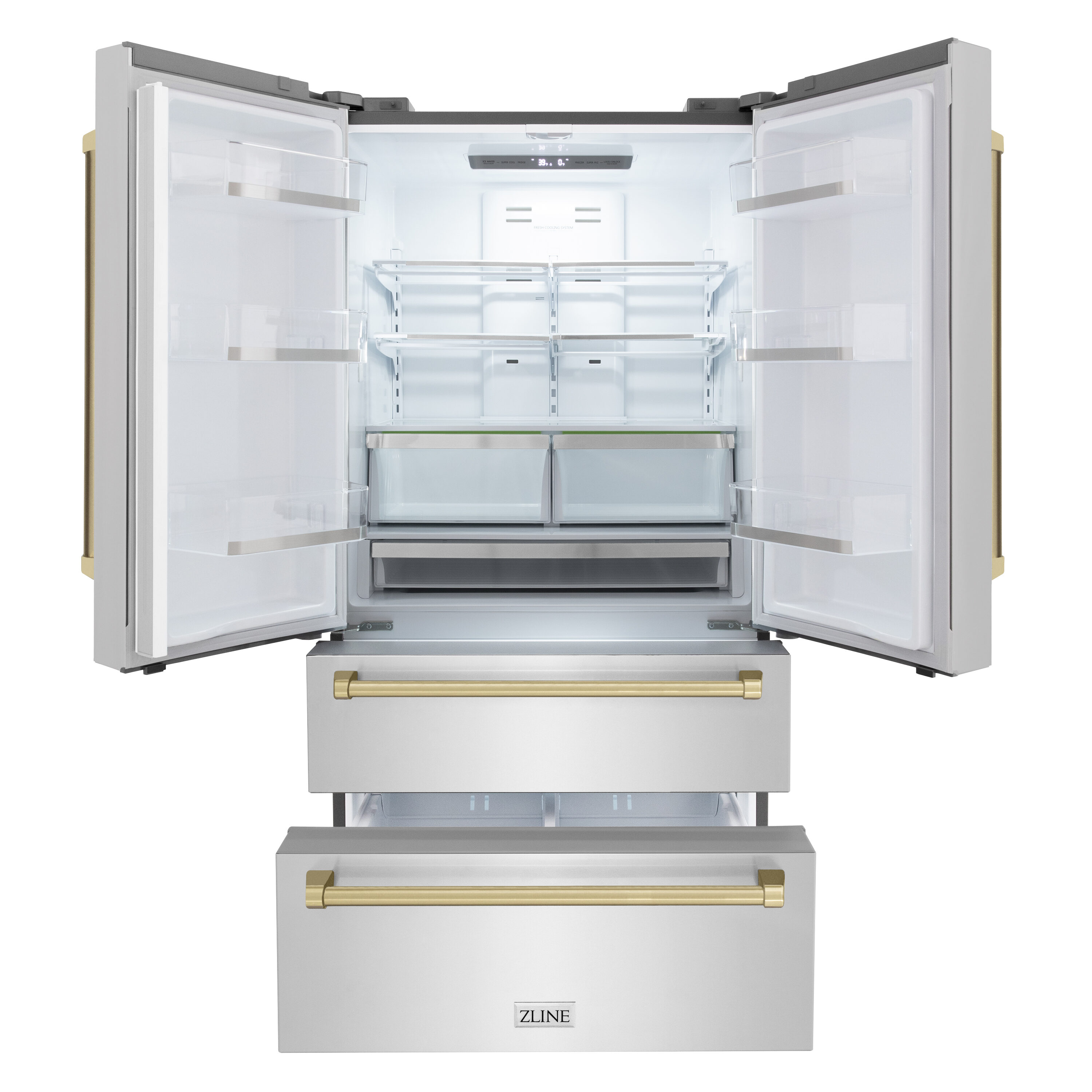 Refrigerador de Puerta Francesa de 4 Puertas ZLINE KITCHEN & BATH Edición Autógrafo de Profundidad de Mostrador de 22.5 pies cúbicos con Fabricador de Hielo (Acero Inoxidable Resistente a las Huellas Dactilares con Detalles en Bronce Champagne) Certificado ENERGY STAR RFMZ-36-CB