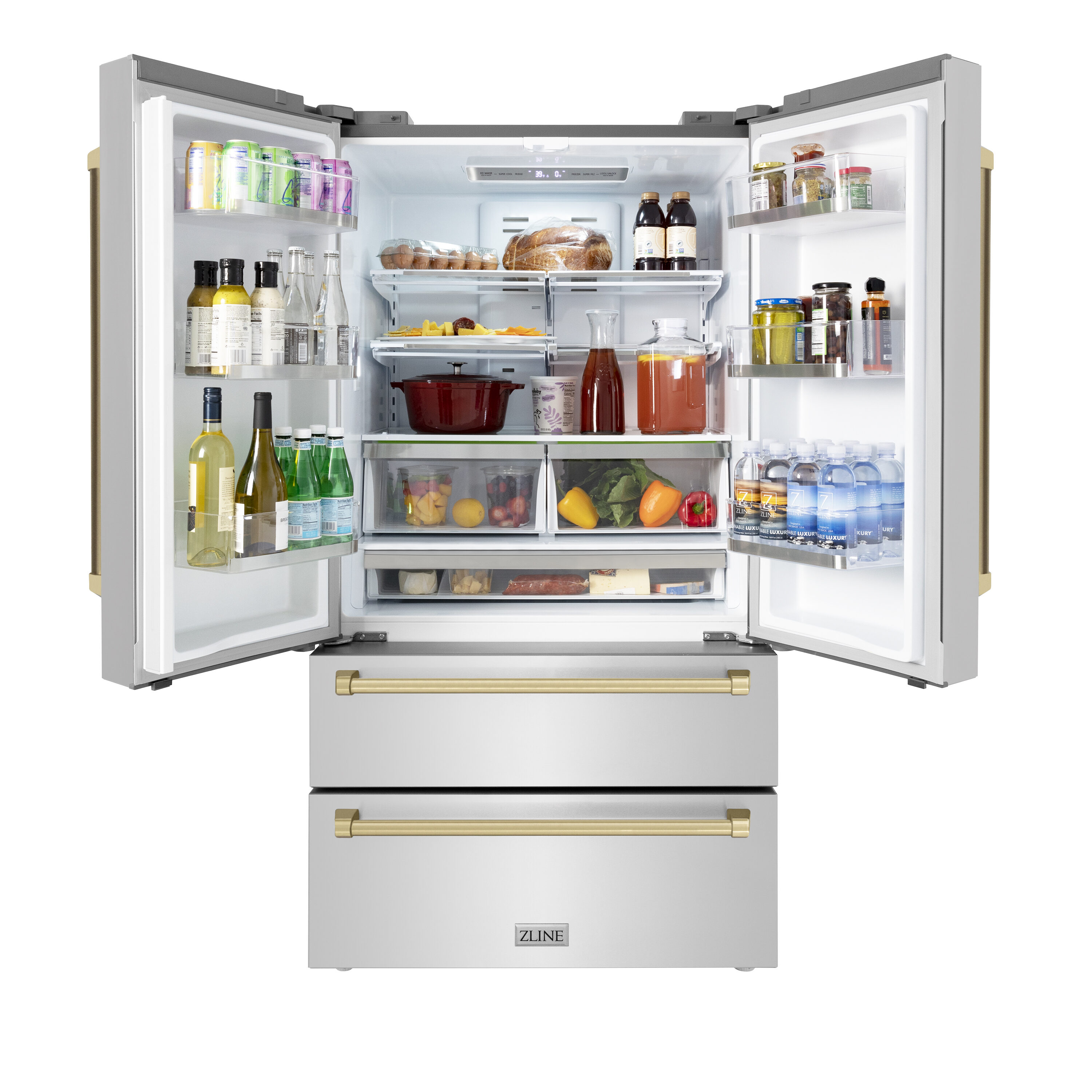 Refrigerador de Puerta Francesa de 4 Puertas ZLINE KITCHEN & BATH Edición Autógrafo de Profundidad de Mostrador de 22.5 pies cúbicos con Fabricador de Hielo (Acero Inoxidable Resistente a las Huellas Dactilares con Detalles en Bronce Champagne) Certificado ENERGY STAR RFMZ-36-CB