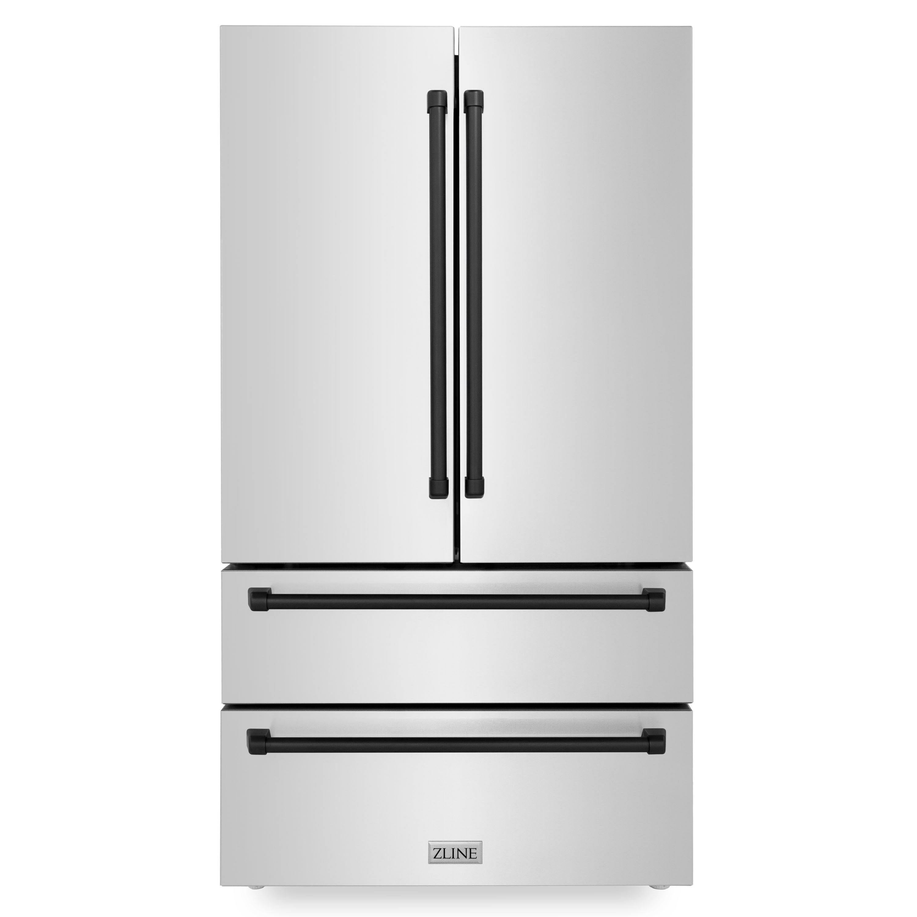 Refrigerador de Puertas Francesas de 4 Puertas de ZLINE KITCHEN & BATH de 22.5 pies cúbicos de Profundidad de Mostrador con Fabricador de Hielo (Acero Inoxidable Resistente a las Huellas Dactilares con Detalles Negros Mate) Certificado ENERGY STAR RFMZ-36-MB