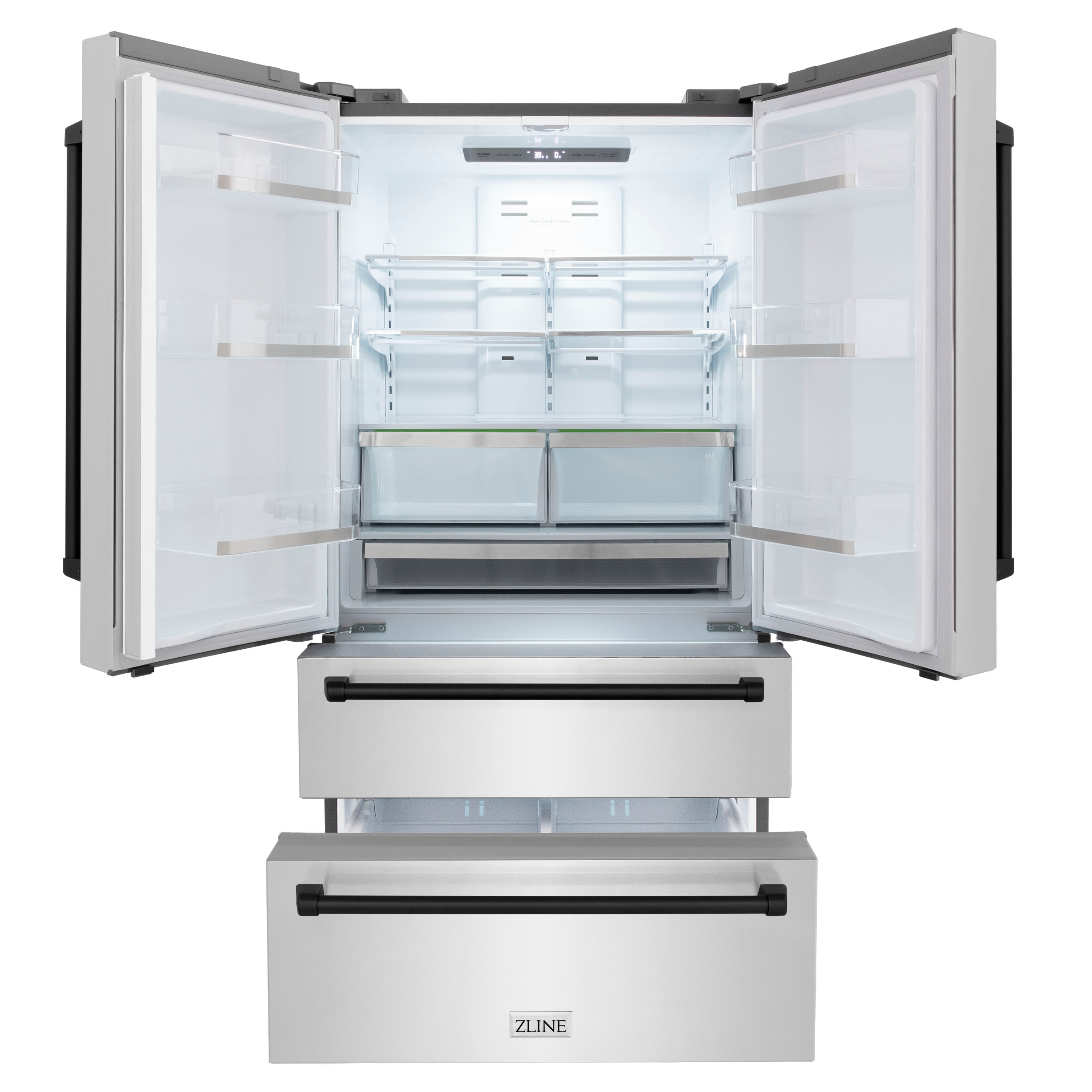 Refrigerador de Puertas Francesas de 4 Puertas de ZLINE KITCHEN & BATH de 22.5 pies cúbicos de Profundidad de Mostrador con Fabricador de Hielo (Acero Inoxidable Resistente a las Huellas Dactilares con Detalles Negros Mate) Certificado ENERGY STAR RFMZ-36-MB