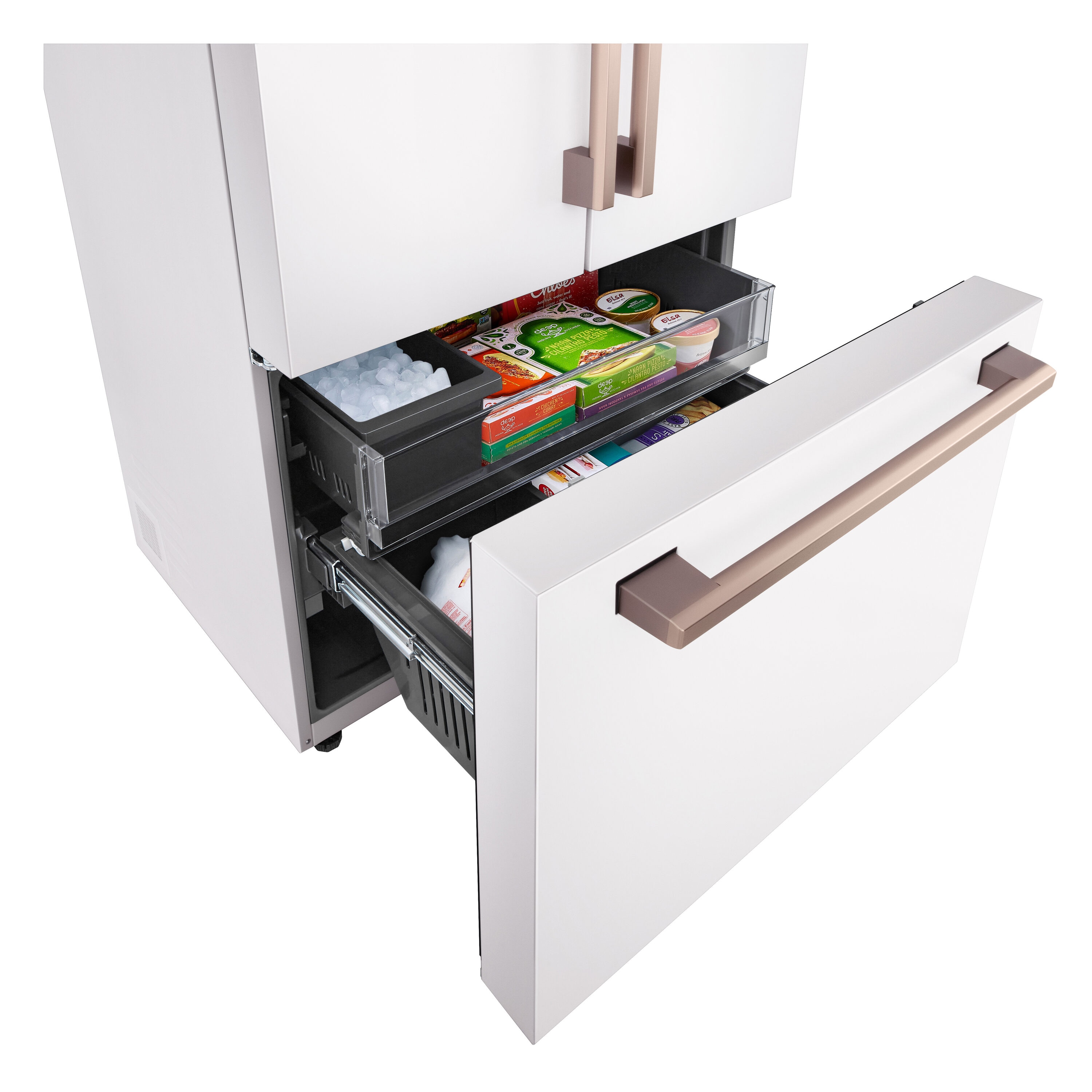 Refrigerador francés de puerta triple LG STUDIO de 26.5 pies cúbicos de profundidad de mostrador, con fabricador de hielo y dispensador de agua (blanco esencia) compatible con tecnología inteligente, certificado ENERGY STAR SRFB27W3
