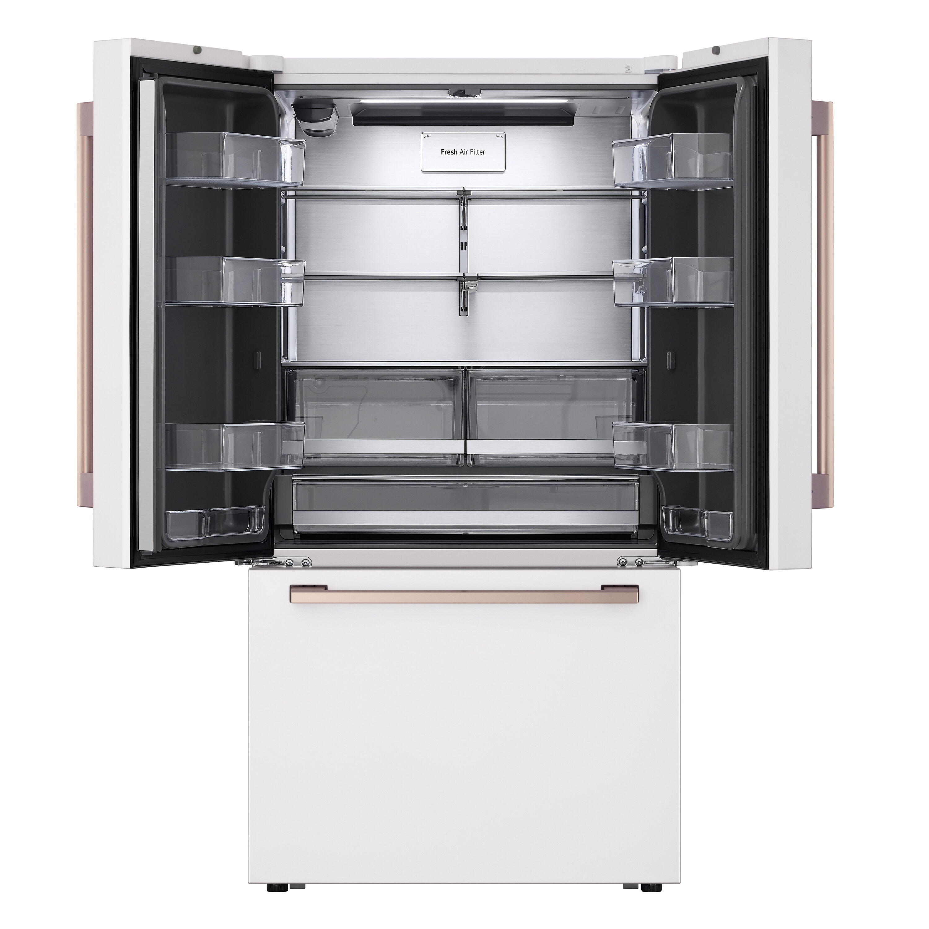 Refrigerador francés de puerta triple LG STUDIO de 26.5 pies cúbicos de profundidad de mostrador, con fabricador de hielo y dispensador de agua (blanco esencia) compatible con tecnología inteligente, certificado ENERGY STAR SRFB27W3