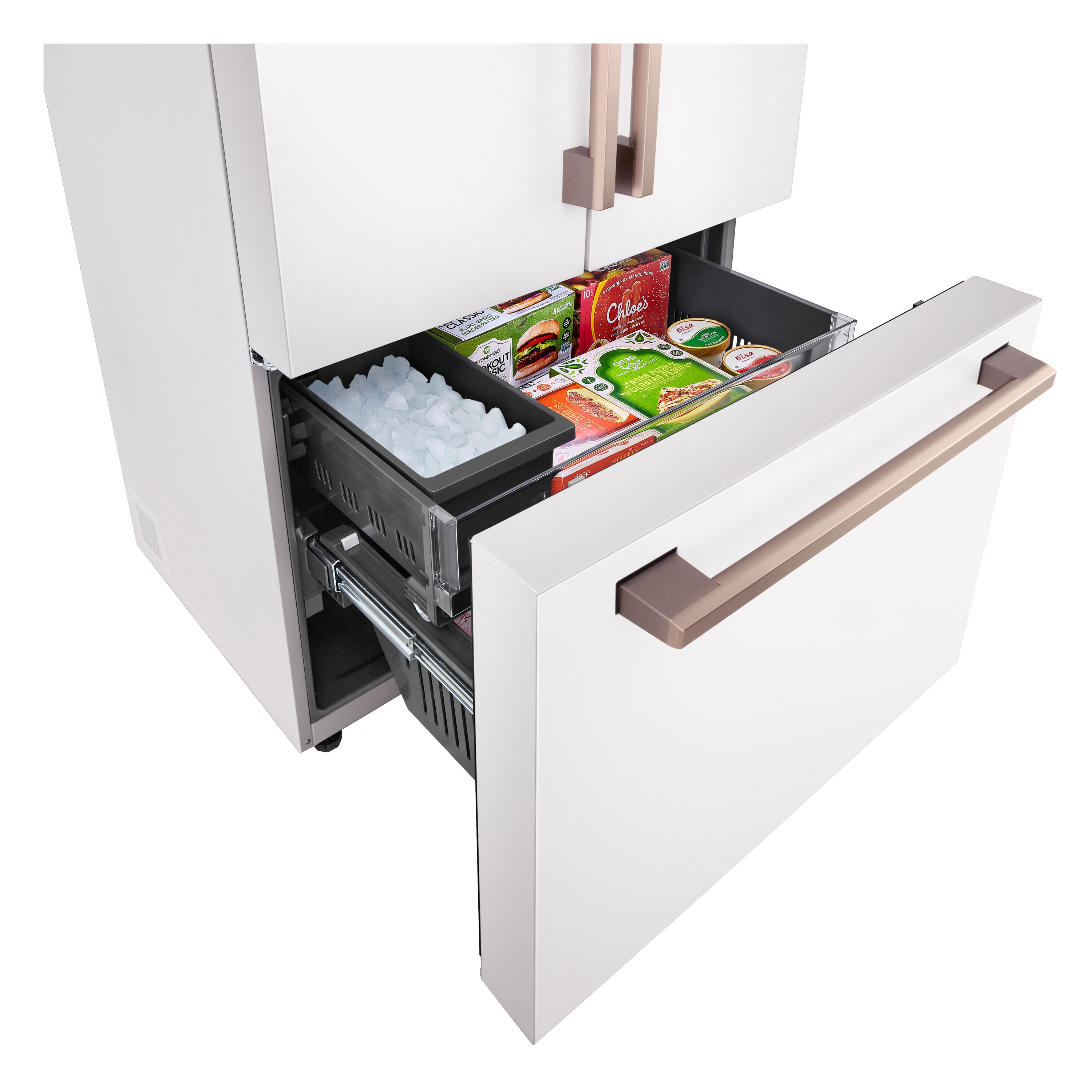 Refrigerador francés de puerta triple LG STUDIO de 26.5 pies cúbicos de profundidad de mostrador, con fabricador de hielo y dispensador de agua (blanco esencia) compatible con tecnología inteligente, certificado ENERGY STAR SRFB27W3