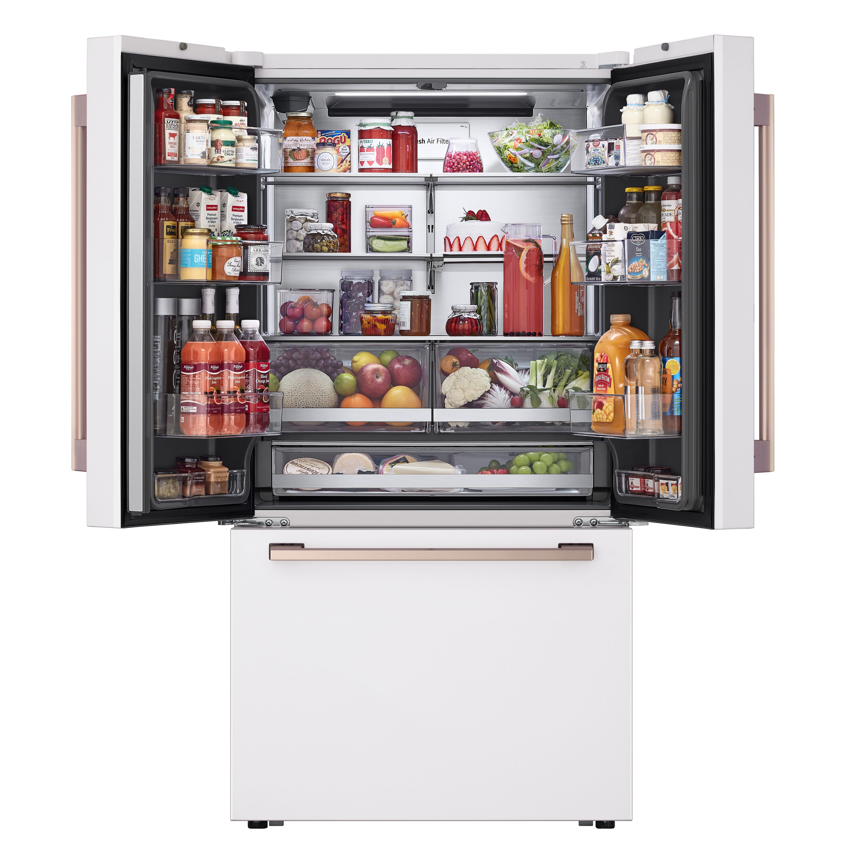 Refrigerador francés de puerta triple LG STUDIO de 26.5 pies cúbicos de profundidad de mostrador, con fabricador de hielo y dispensador de agua (blanco esencia) compatible con tecnología inteligente, certificado ENERGY STAR SRFB27W3