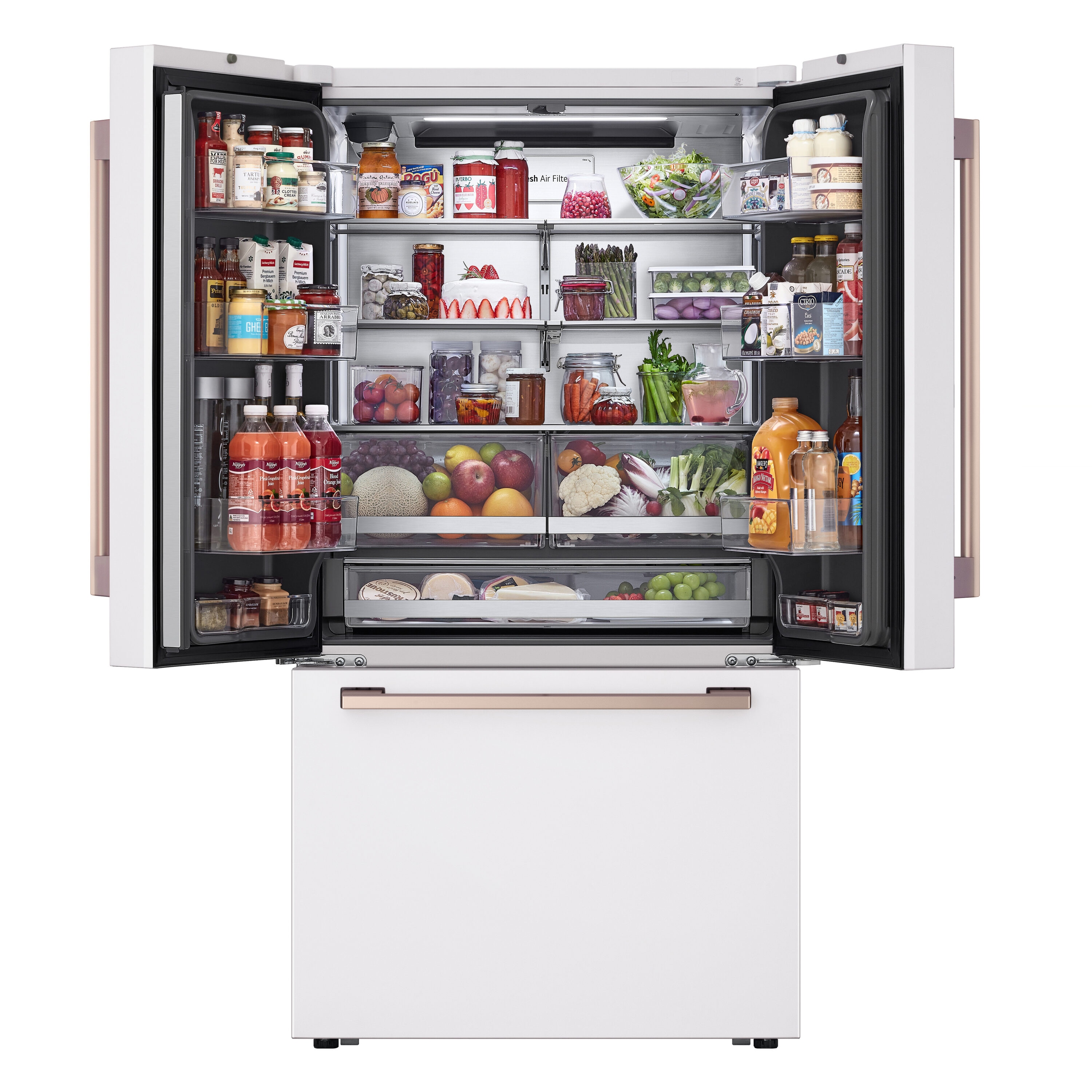 Refrigerador francés de puerta triple LG STUDIO de 26.5 pies cúbicos de profundidad de mostrador, con fabricador de hielo y dispensador de agua (blanco esencia) compatible con tecnología inteligente, certificado ENERGY STAR SRFB27W3
