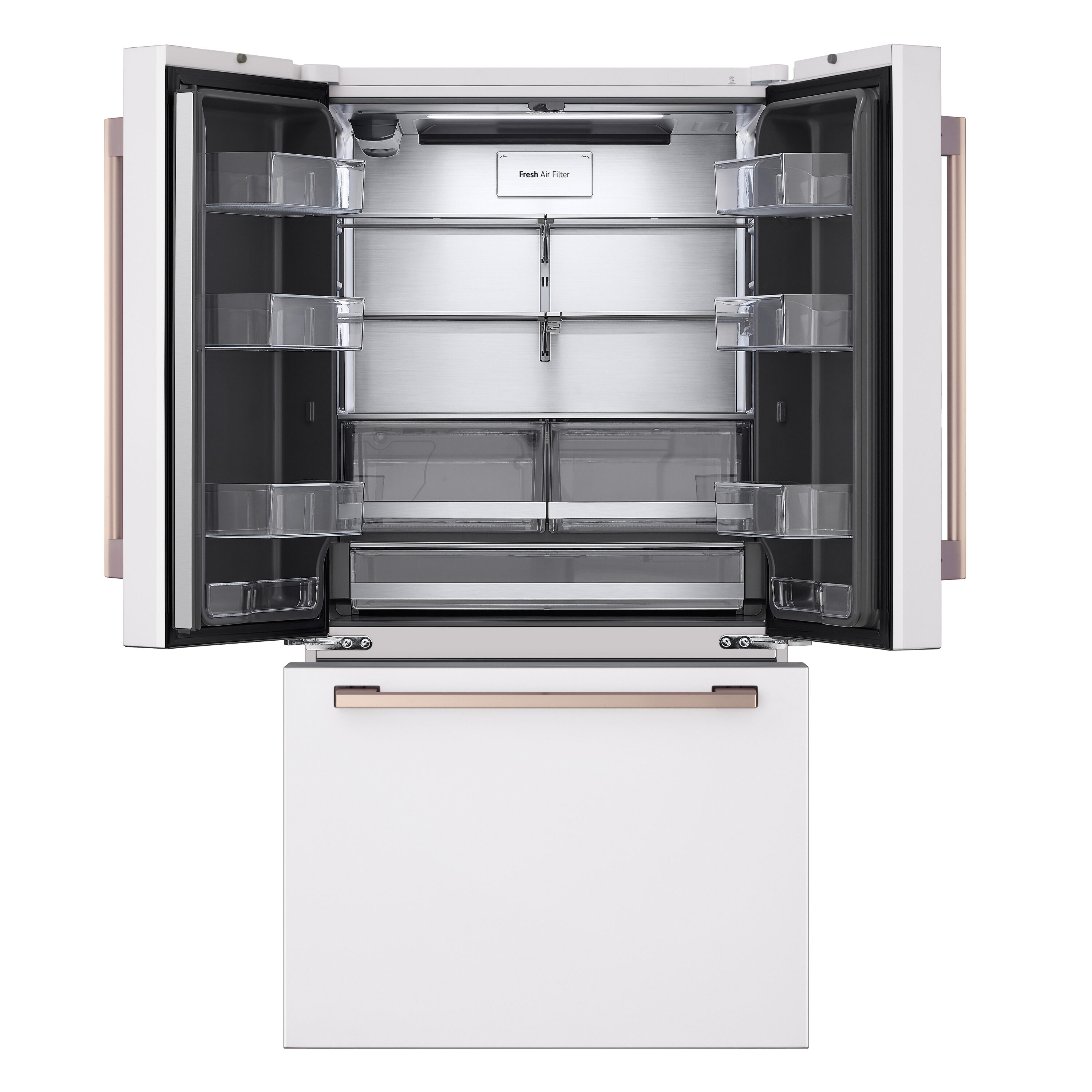 Refrigerador francés de puerta triple LG STUDIO de 26.5 pies cúbicos de profundidad de mostrador, con fabricador de hielo y dispensador de agua (blanco esencia) compatible con tecnología inteligente, certificado ENERGY STAR SRFB27W3