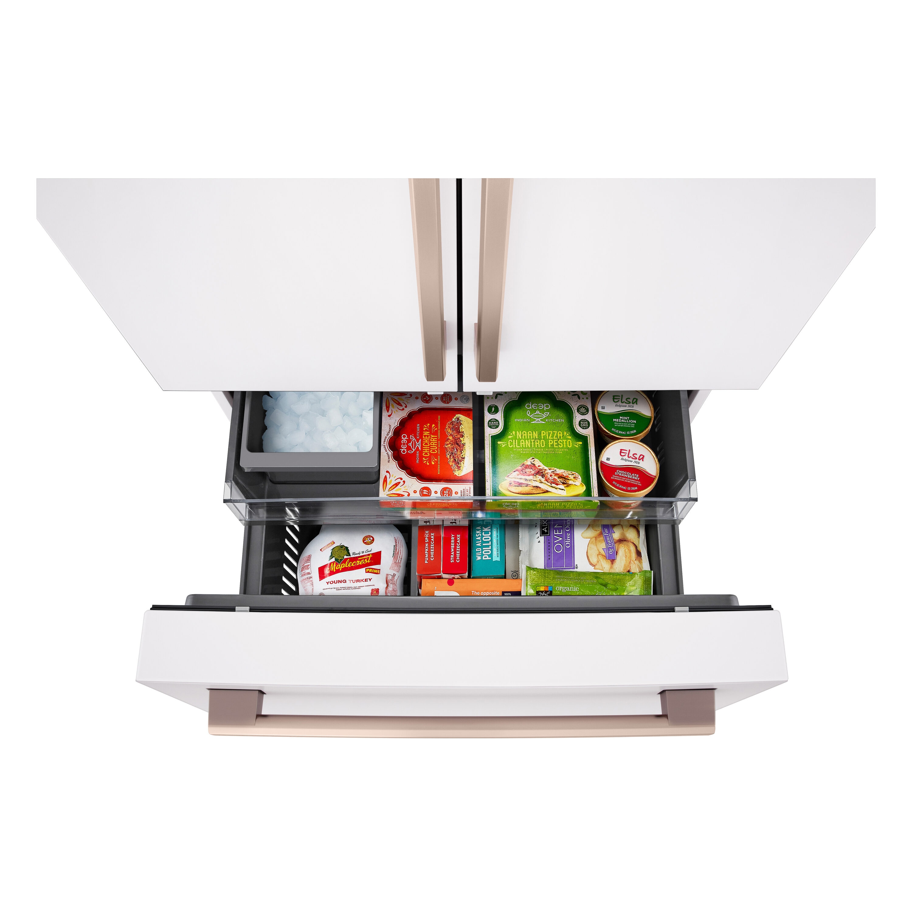 Refrigerador francés de puerta triple LG STUDIO de 26.5 pies cúbicos de profundidad de mostrador, con fabricador de hielo y dispensador de agua (blanco esencia) compatible con tecnología inteligente, certificado ENERGY STAR SRFB27W3