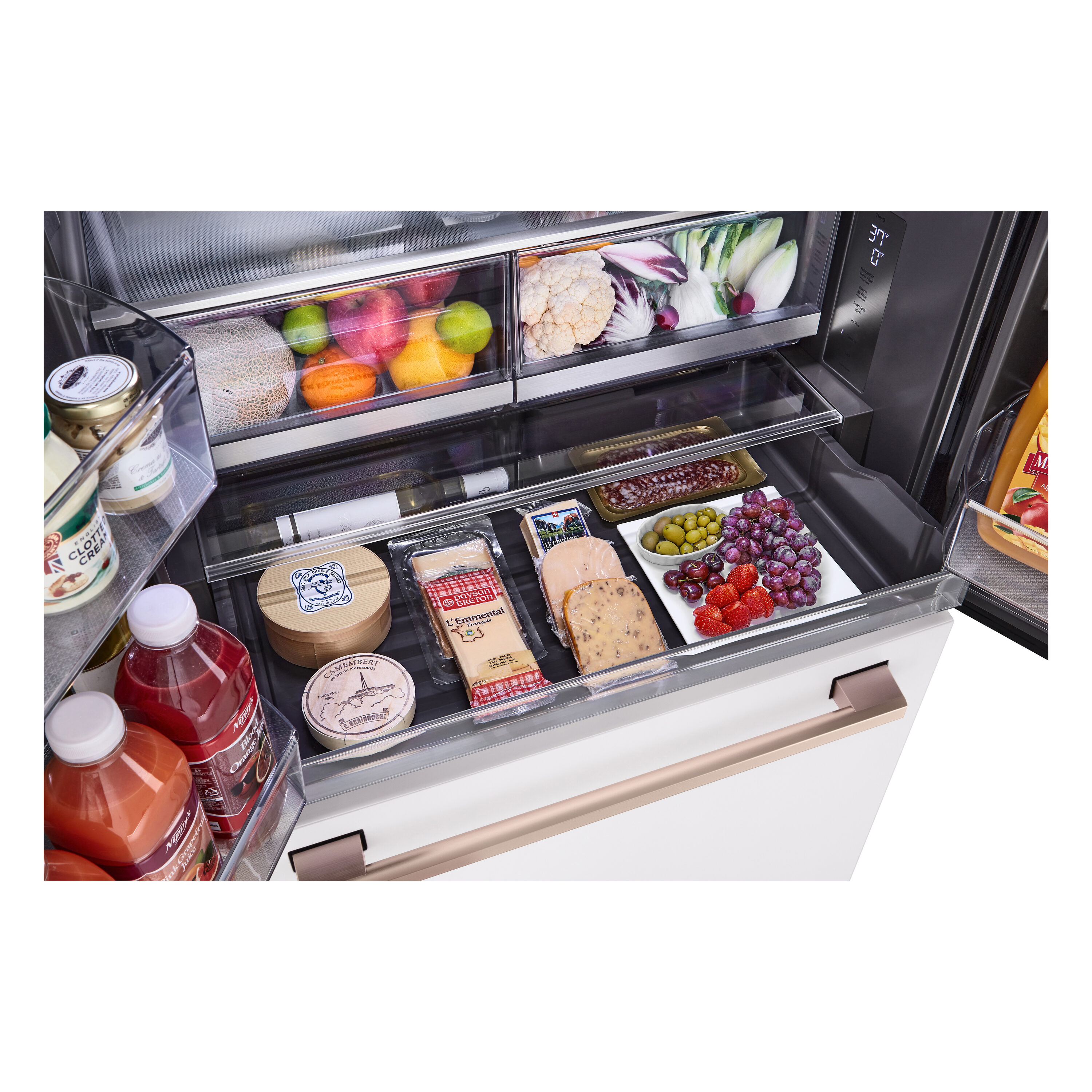 Refrigerador francés de puerta triple LG STUDIO de 26.5 pies cúbicos de profundidad de mostrador, con fabricador de hielo y dispensador de agua (blanco esencia) compatible con tecnología inteligente, certificado ENERGY STAR SRFB27W3