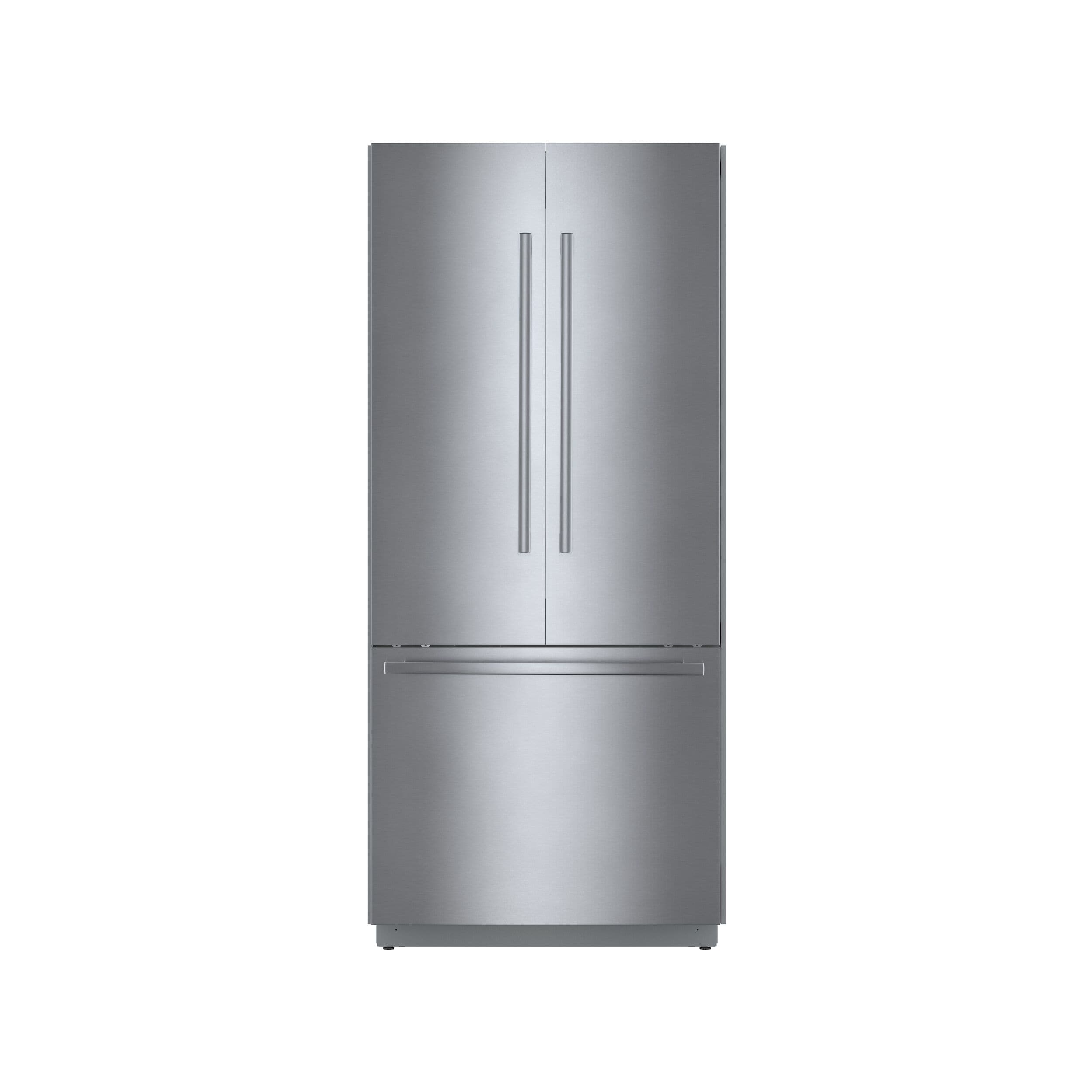 Refrigerador empotrado de 3 puertas francesas de acero inoxidable de la Serie Bosch Counter-Depth Benchmark de 19.4 pies cúbicos con fabricador de hielo, certificado ENERGY STAR B36BT935NS.