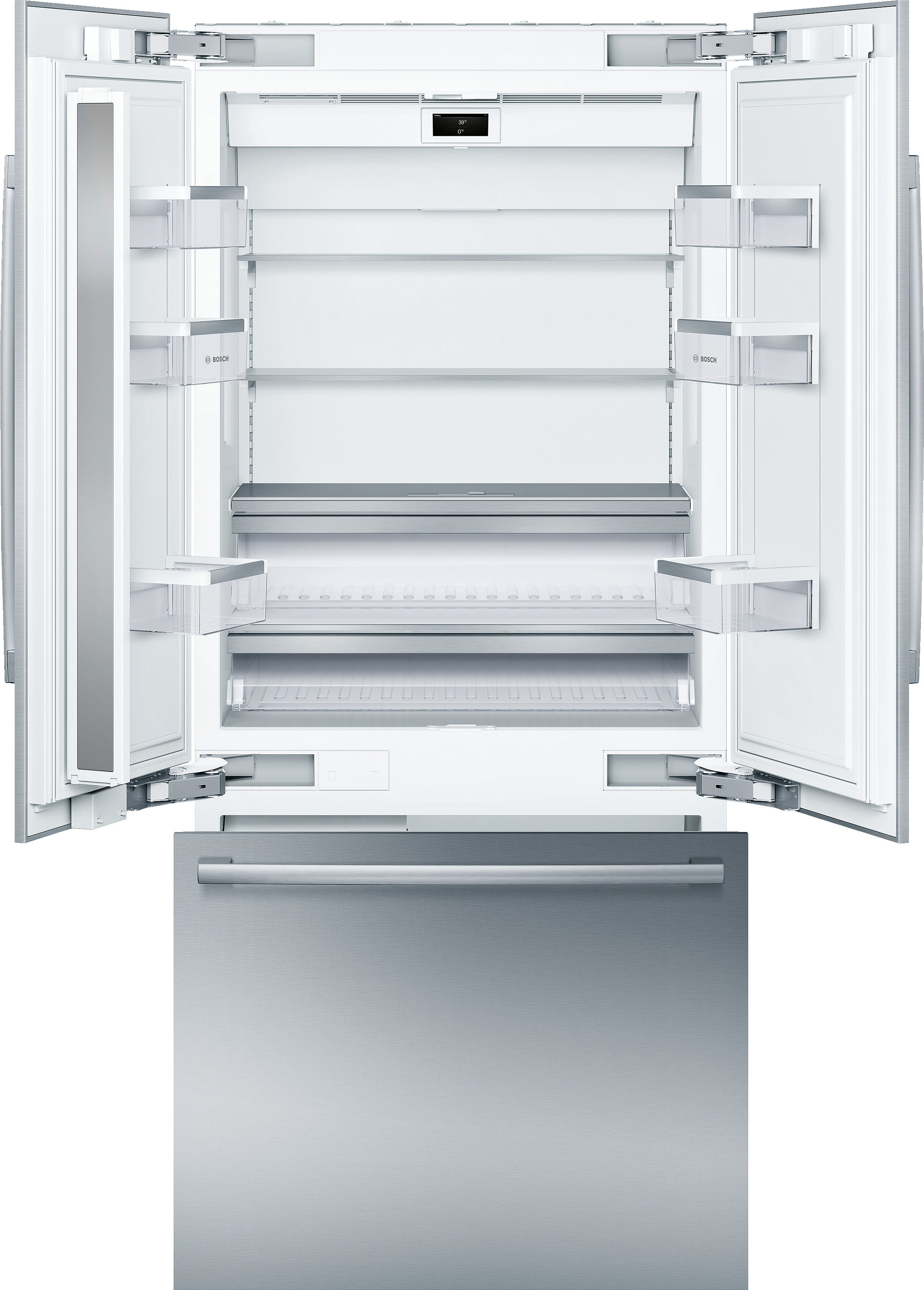 Refrigerador empotrado de 3 puertas francesas de acero inoxidable de la Serie Bosch Counter-Depth Benchmark de 19.4 pies cúbicos con fabricador de hielo, certificado ENERGY STAR B36BT935NS.