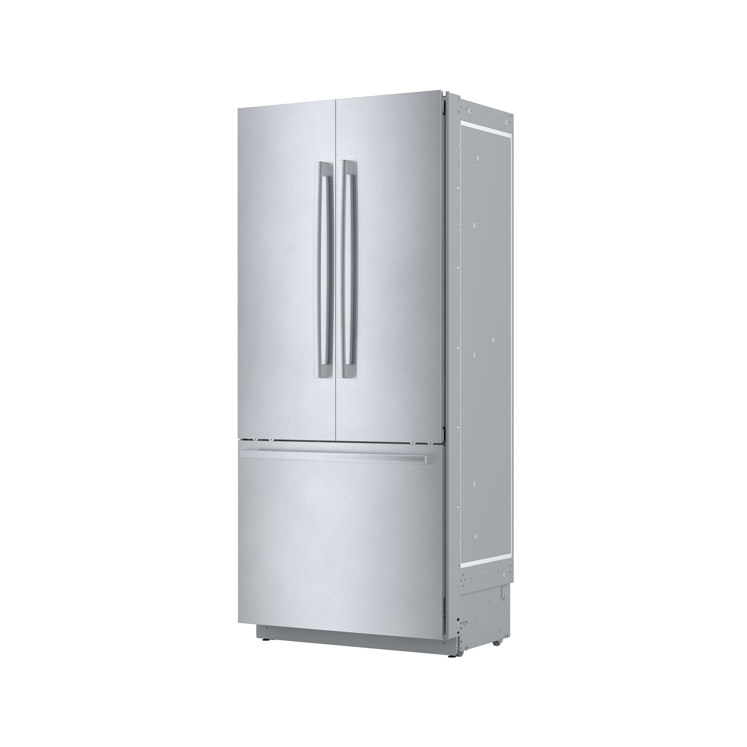 Refrigerador empotrado de 3 puertas francesas de acero inoxidable de la Serie Bosch Counter-Depth Benchmark de 19.4 pies cúbicos con fabricador de hielo, certificado ENERGY STAR B36BT935NS.
