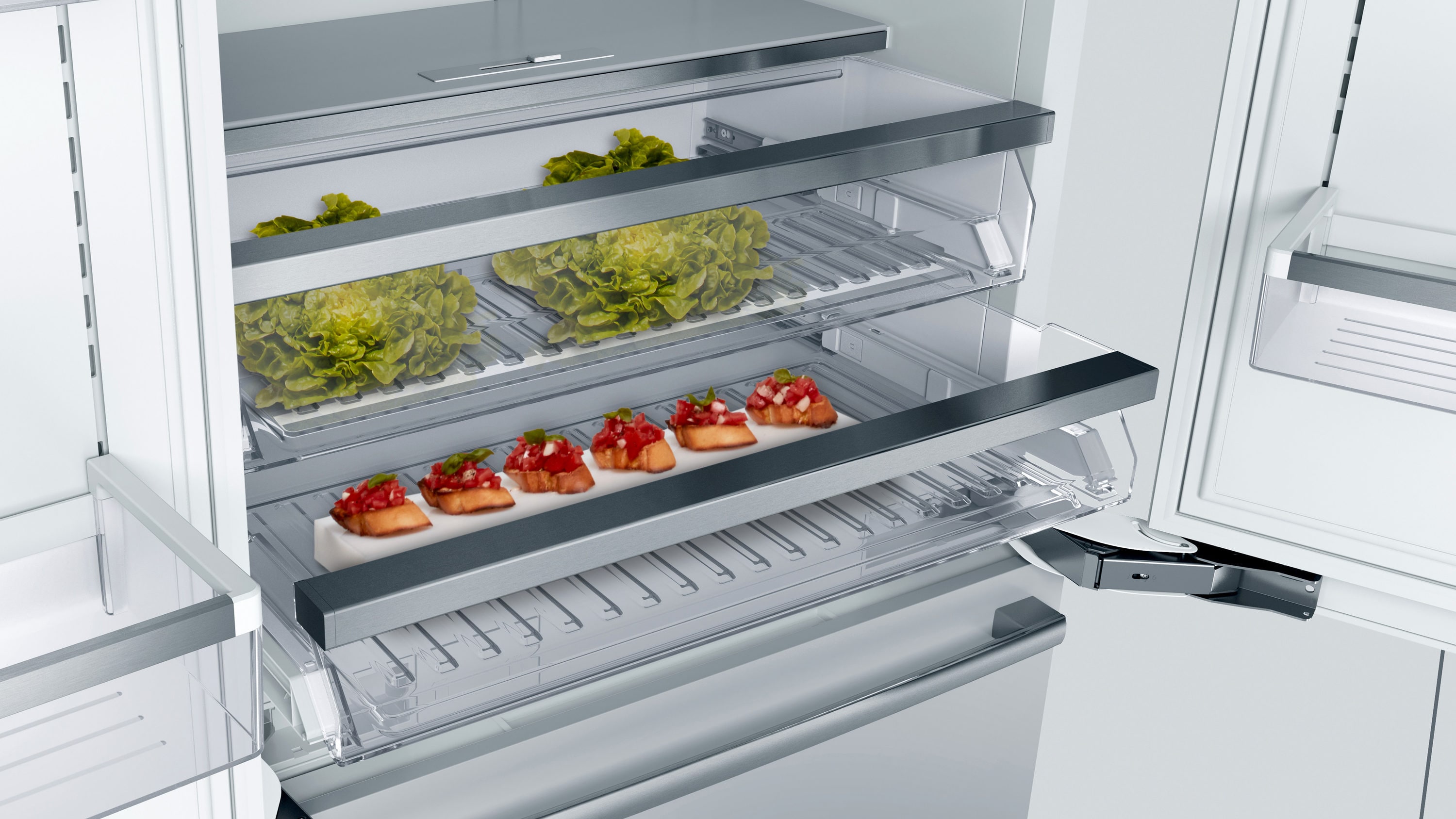 Refrigerador empotrado de 3 puertas francesas de acero inoxidable de la Serie Bosch Counter-Depth Benchmark de 19.4 pies cúbicos con fabricador de hielo, certificado ENERGY STAR B36BT935NS.