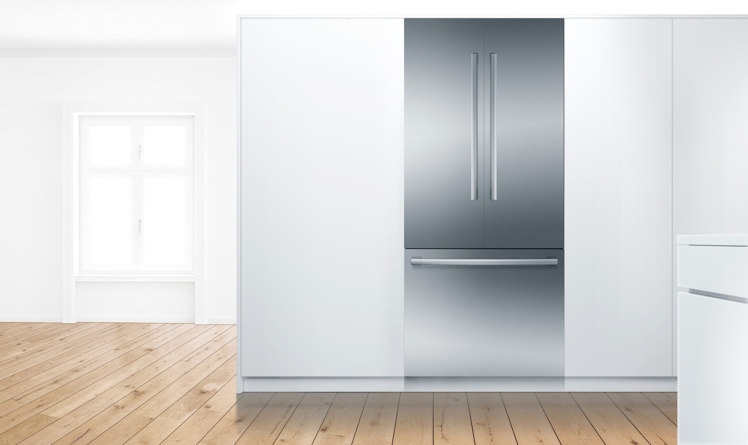 Refrigerador empotrado de 3 puertas francesas de acero inoxidable de la Serie Bosch Counter-Depth Benchmark de 19.4 pies cúbicos con fabricador de hielo, certificado ENERGY STAR B36BT935NS.