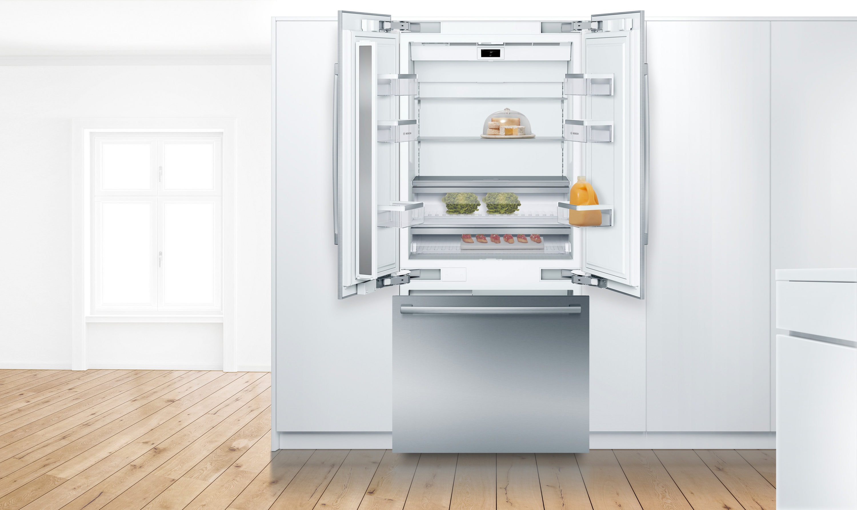 Refrigerador empotrado de 3 puertas francesas de acero inoxidable de la Serie Bosch Counter-Depth Benchmark de 19.4 pies cúbicos con fabricador de hielo, certificado ENERGY STAR B36BT935NS.