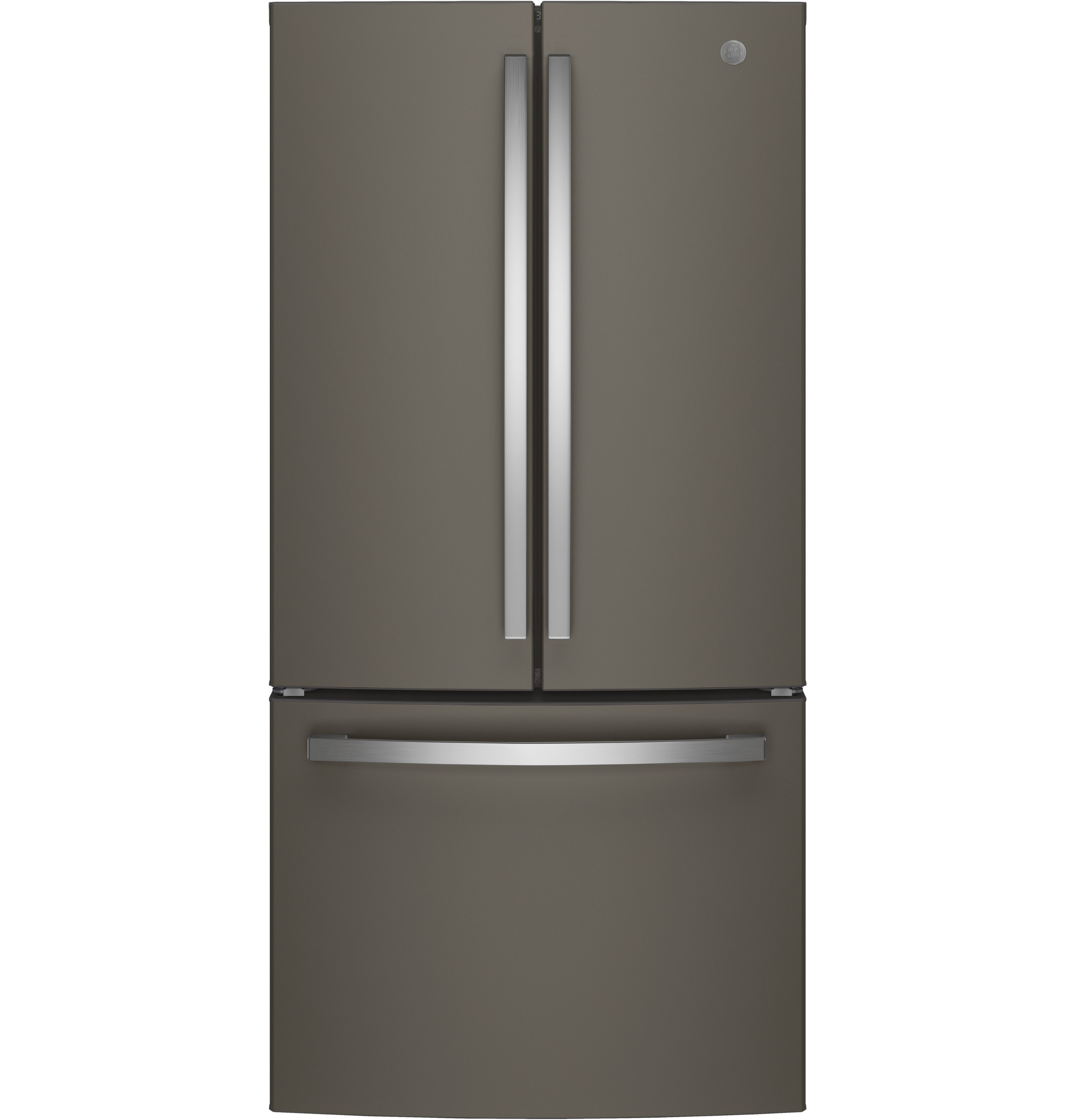 Refrigerador francés de 3 puertas GE de 18.6 pies cúbicos de profundidad de mostrador con fabricador de hielo y dispensador de agua (Gris pizarra) con certificación ENERGY STAR GWE19JMLES