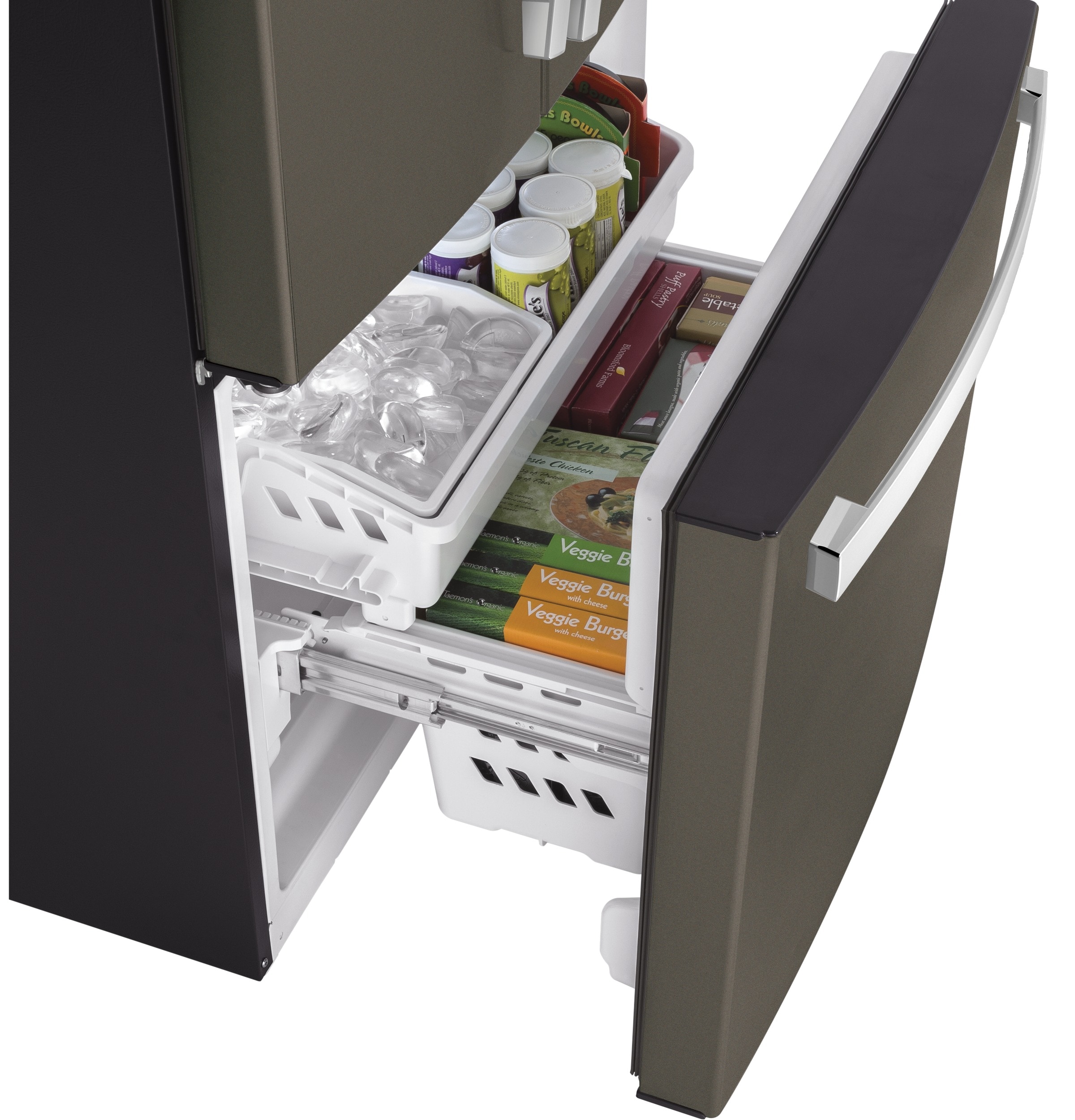Refrigerador francés de 3 puertas GE de 18.6 pies cúbicos de profundidad de mostrador con fabricador de hielo y dispensador de agua (Gris pizarra) con certificación ENERGY STAR GWE19JMLES