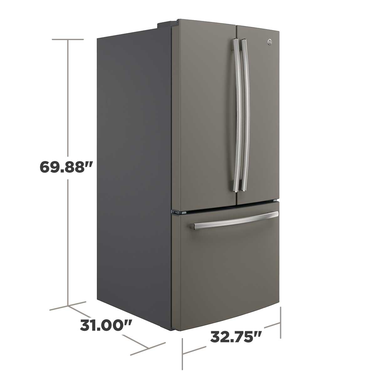 Refrigerador francés de 3 puertas GE de 18.6 pies cúbicos de profundidad de mostrador con fabricador de hielo y dispensador de agua (Gris pizarra) con certificación ENERGY STAR GWE19JMLES