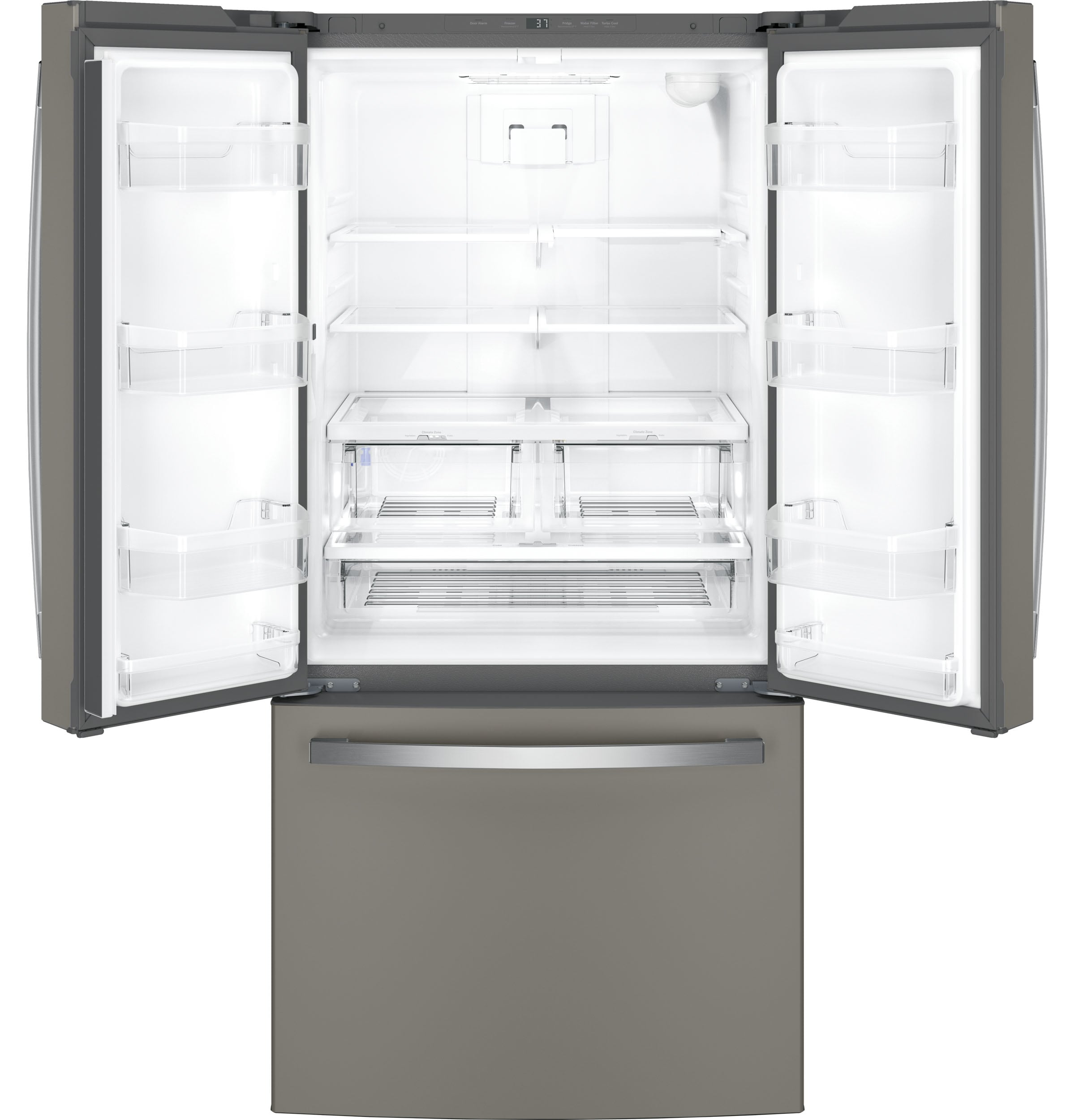 Refrigerador francés de 3 puertas GE de 18.6 pies cúbicos de profundidad de mostrador con fabricador de hielo y dispensador de agua (Gris pizarra) con certificación ENERGY STAR GWE19JMLES