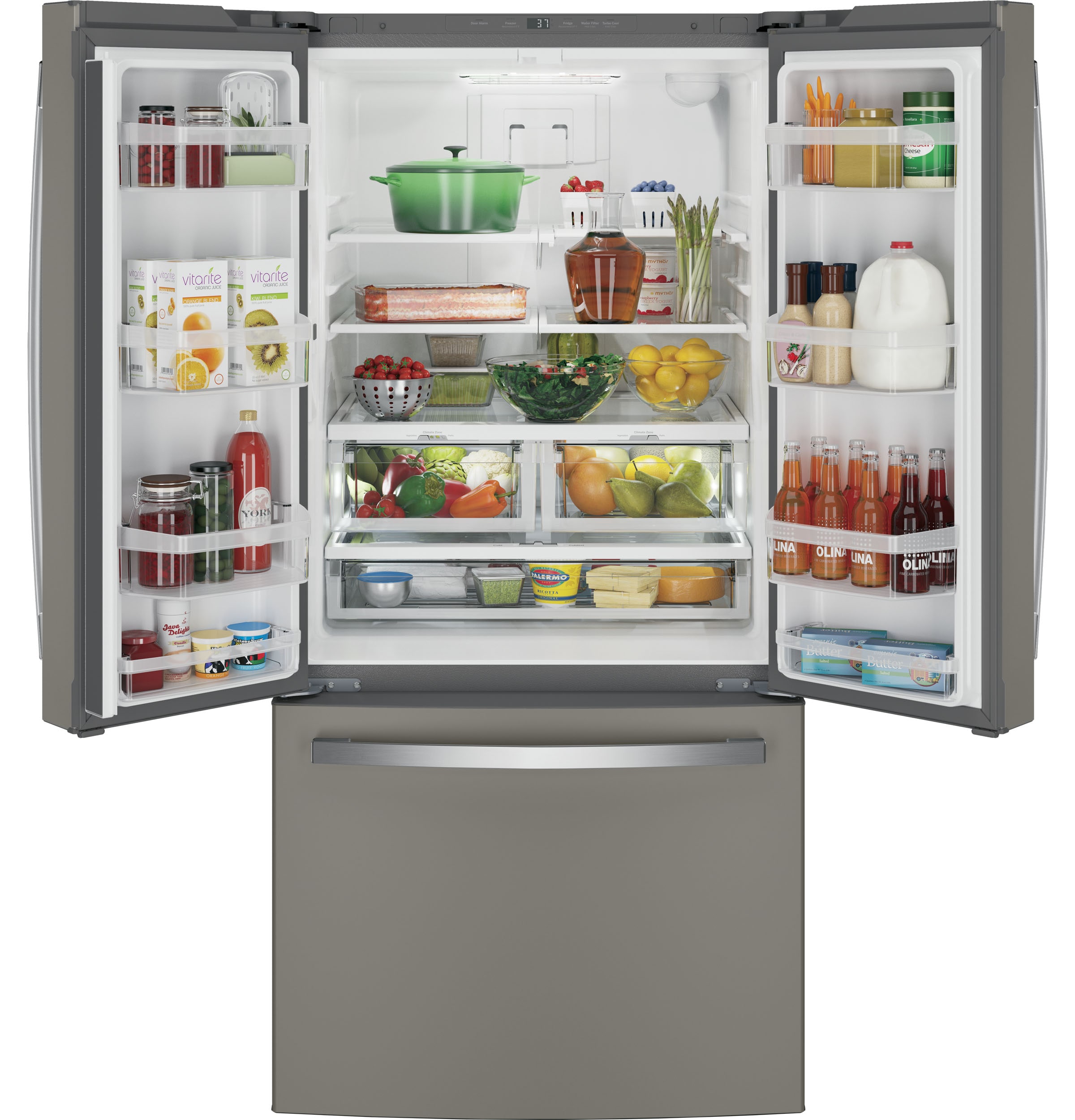 Refrigerador francés de 3 puertas GE de 18.6 pies cúbicos de profundidad de mostrador con fabricador de hielo y dispensador de agua (Gris pizarra) con certificación ENERGY STAR GWE19JMLES