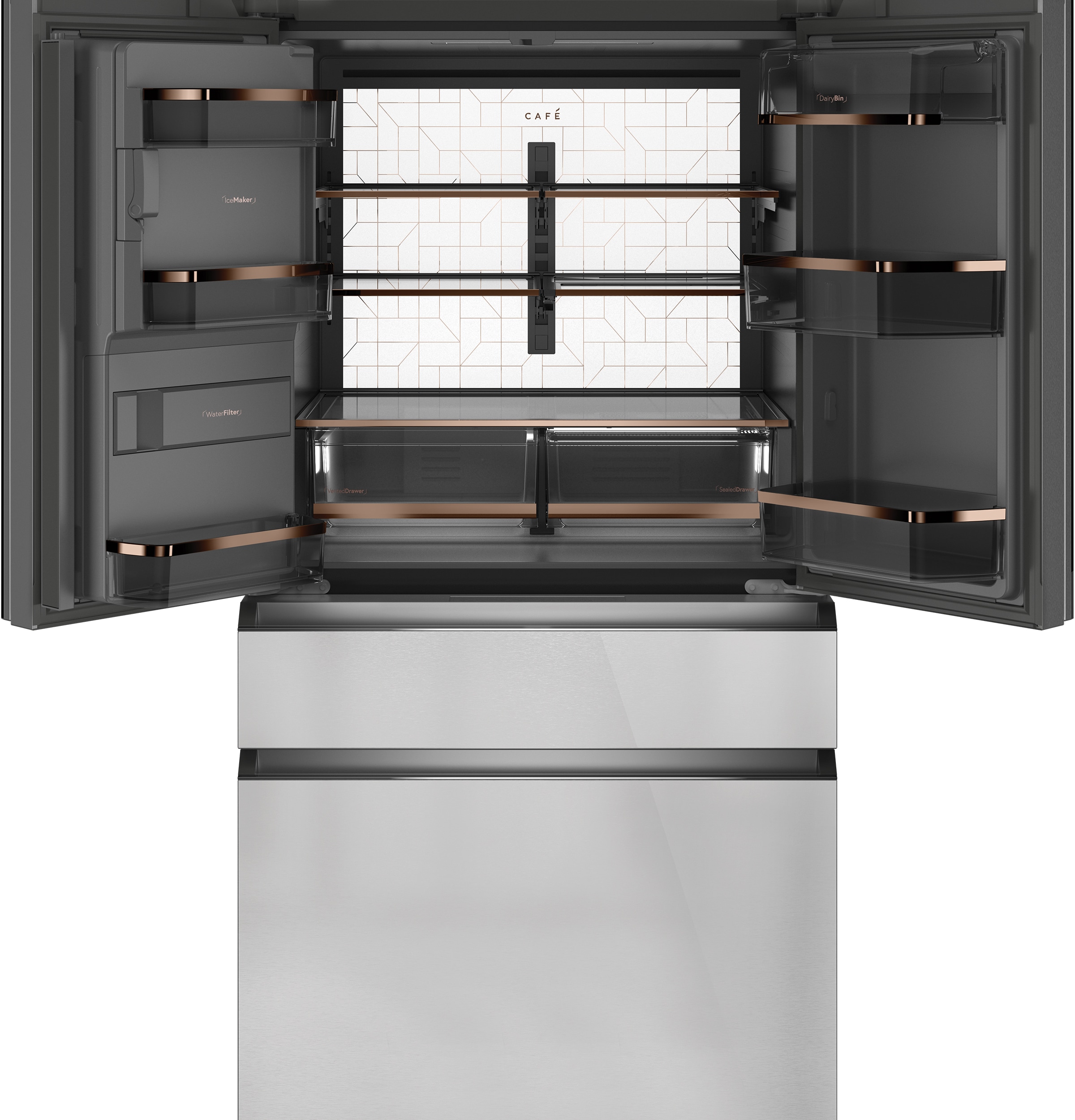 Refrigerador Francés de 4 puertas compatible con Smart, con dispensador de agua e hielo (vidrio platino) - Certificado ENERGY STAR de 27.8 pies cúbicos de profundidad estándar y moderno de vidrio.