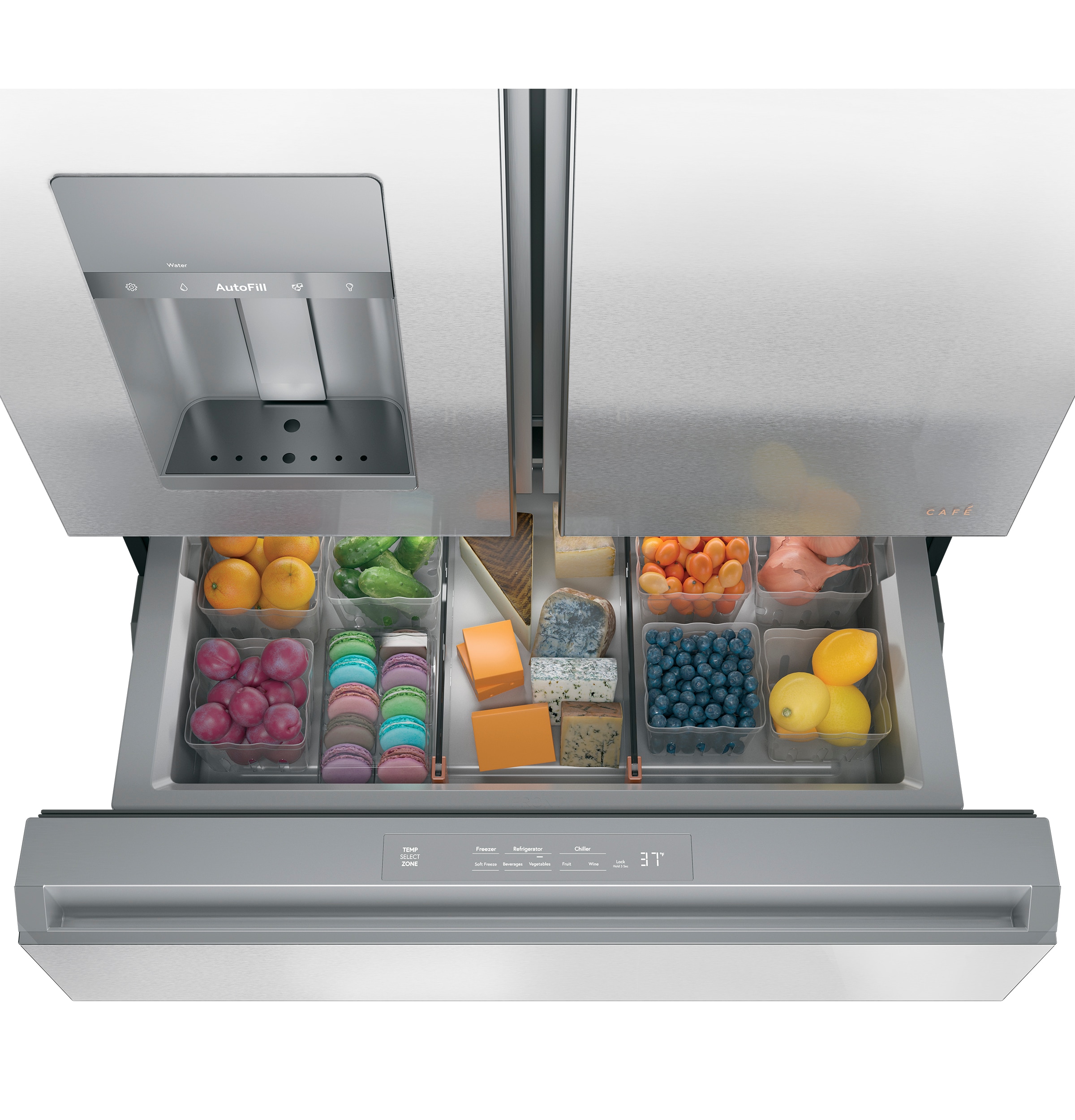Refrigerador Francés de 4 puertas compatible con Smart, con dispensador de agua e hielo (vidrio platino) - Certificado ENERGY STAR de 27.8 pies cúbicos de profundidad estándar y moderno de vidrio.